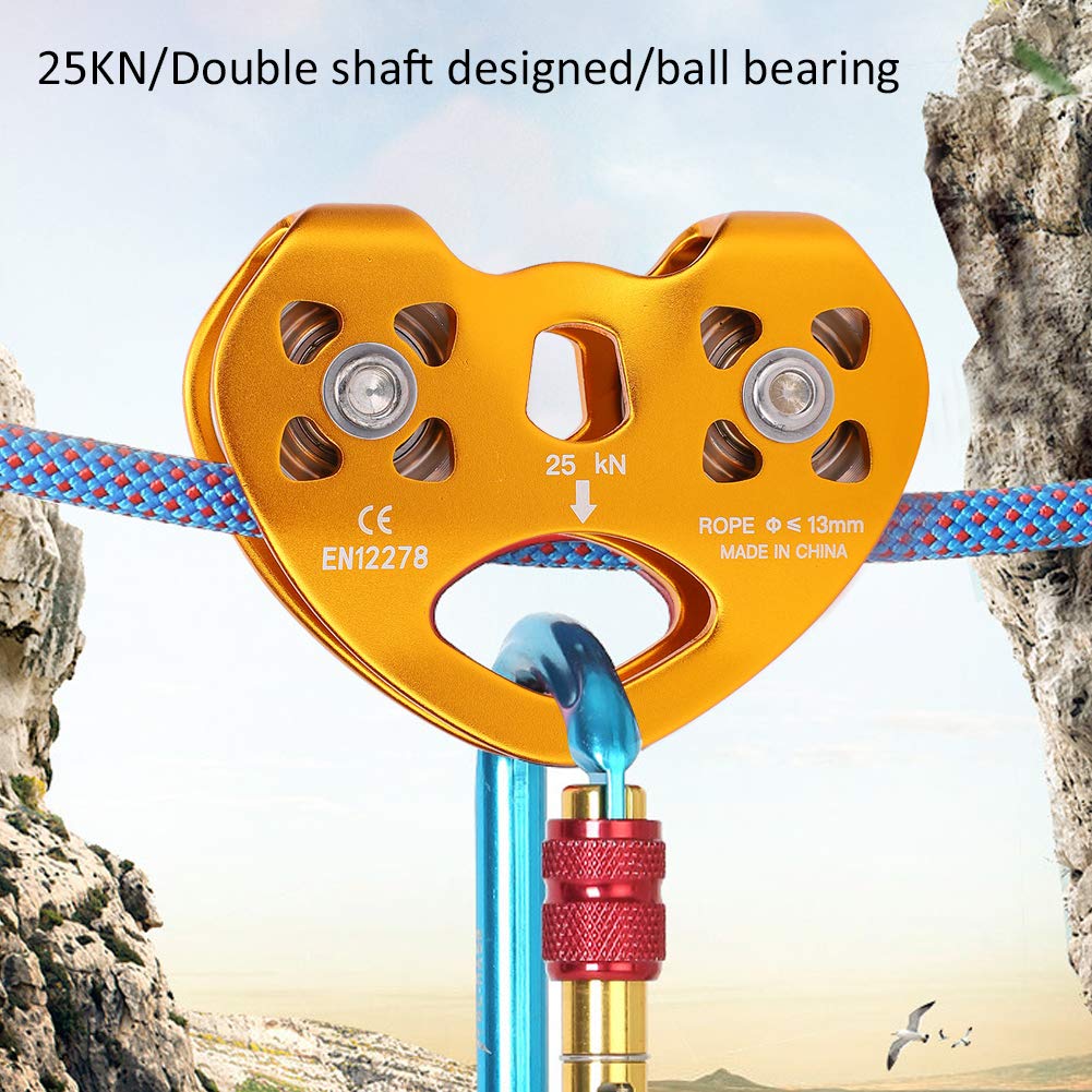 Poulie Double Arbre Pour Escalade Et Téléphérique – Alliage Alu + Inox, Charge 45KN, Pour Cordes 8-13 Mm, Couleur Dorée