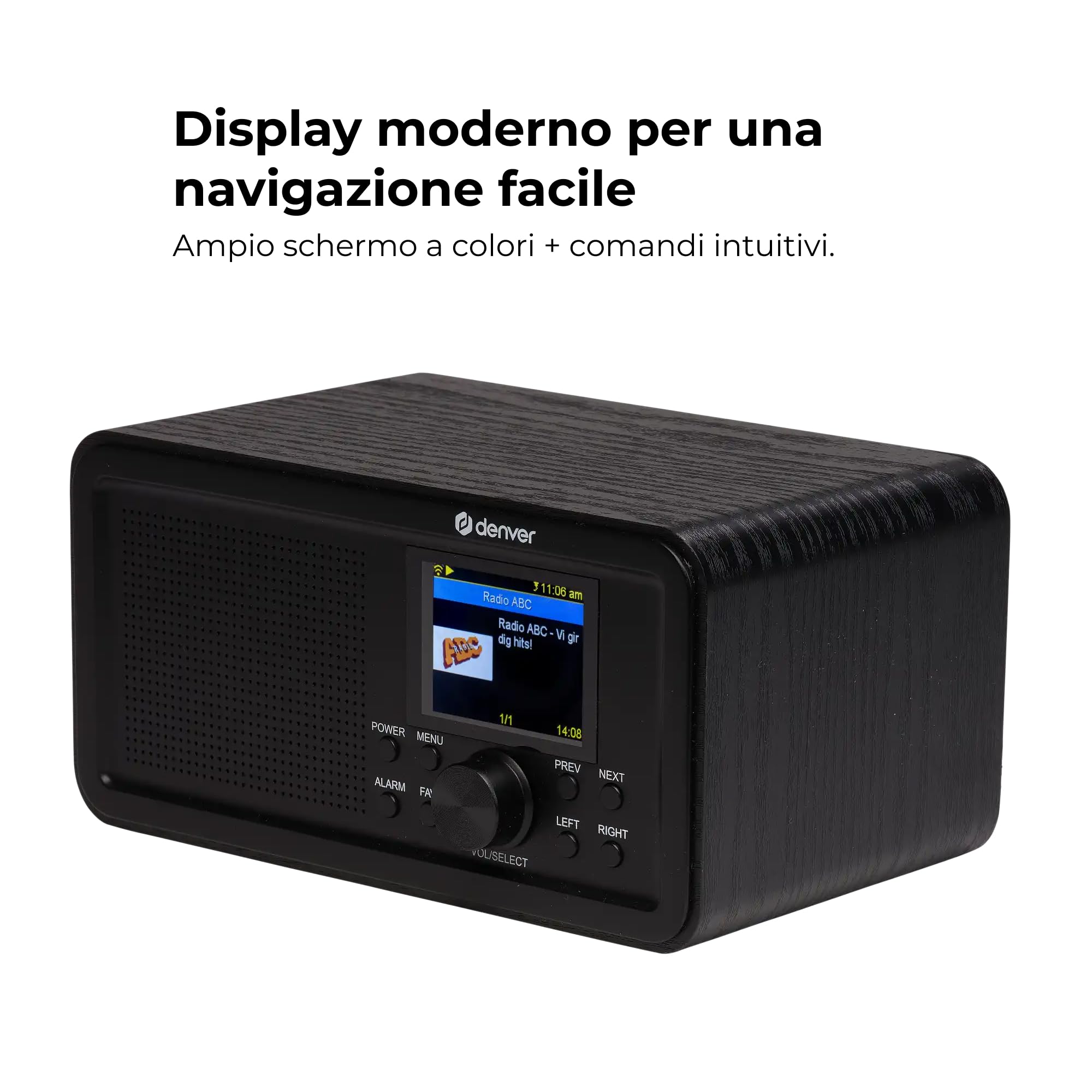 Denver DIR‑200 Smart radio internet compatta/DAB+ / FM con display a colori, Bluetooth & Dual Allarme - Alimentazione a batteria e alimentazione