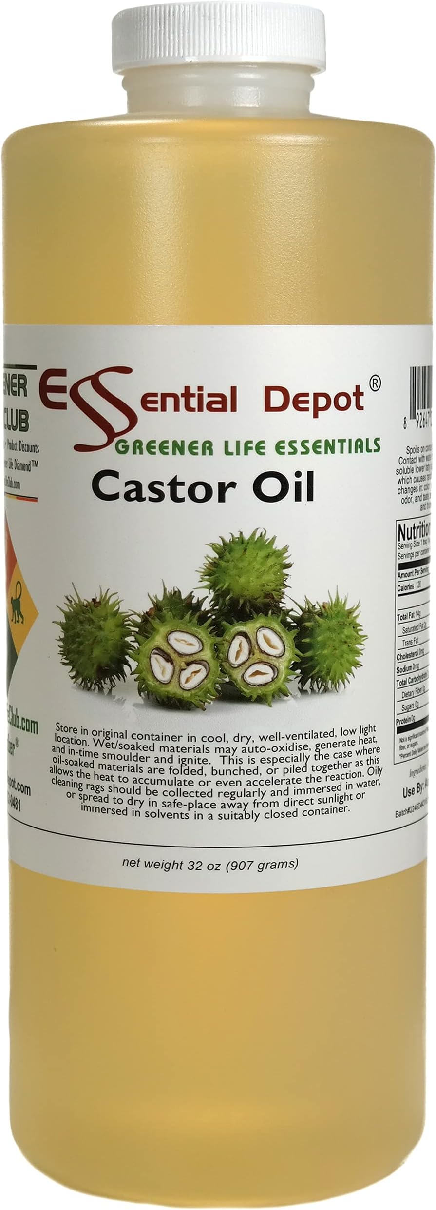 Castor Oil - 1 Quart - 32 oz - Food Grade - Safety Sealed HDPE Container with Resealable Cap - 100% Pure and Natural for Hair, Skin, Massage, and Cooking