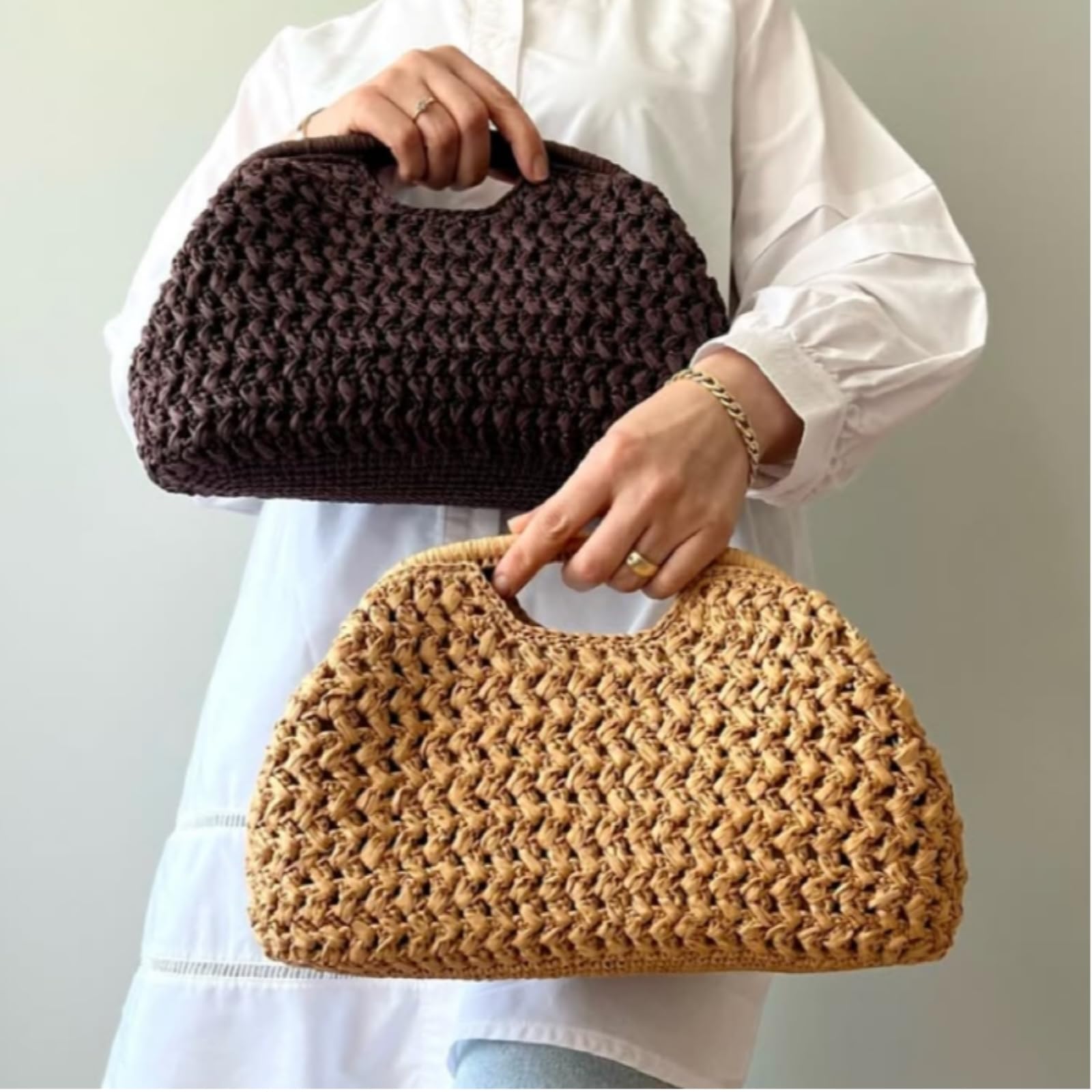 Borsa di Paglia Donna Frizione alla Moda, Perfetta per Le Vacanze sulla Spiaggia E I Viaggi, Versatile Tessuta Fatta A Mano-Coffee