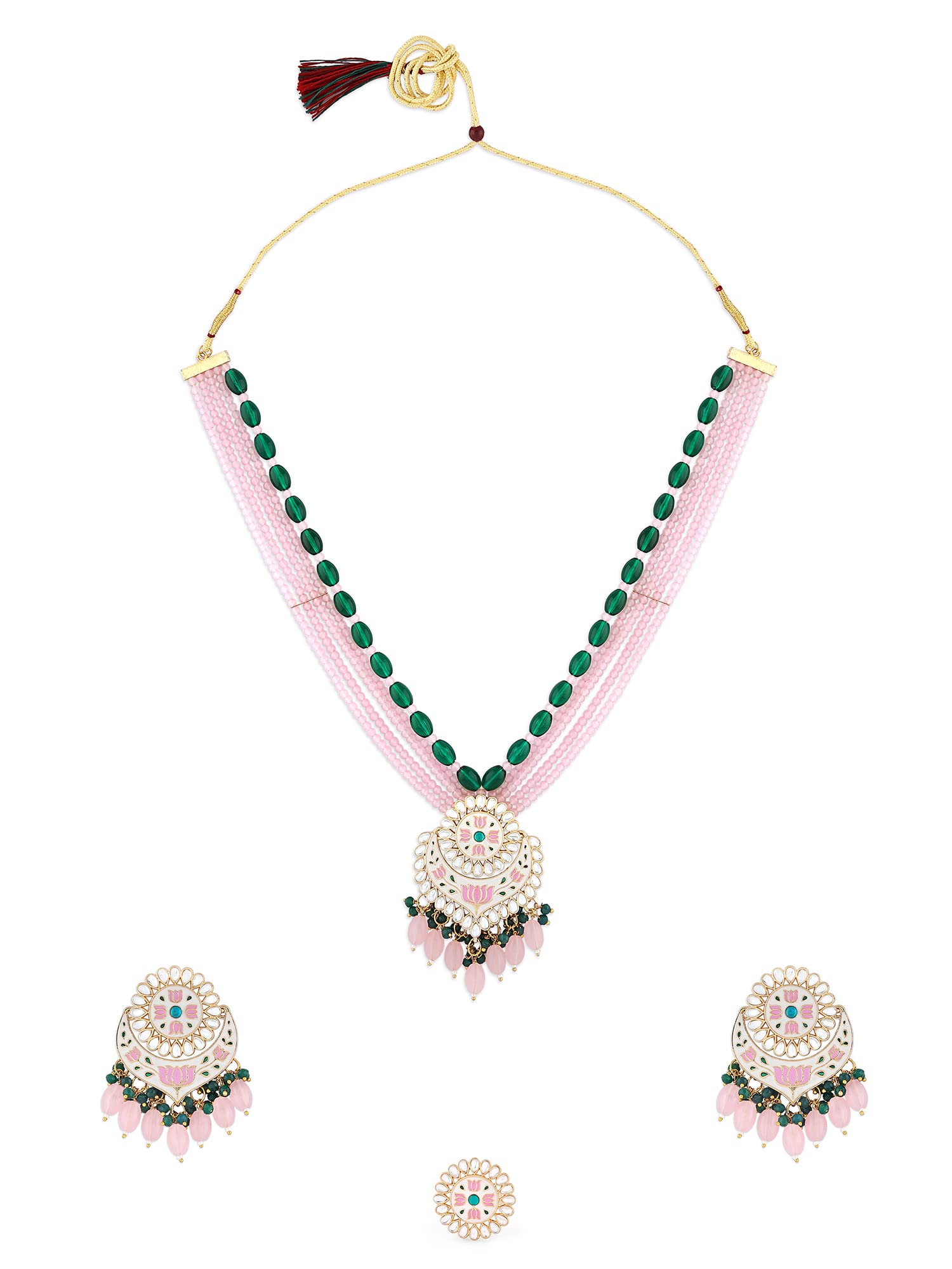 ZAVERI PEARLS Pink Green Multistrand Crystal Meenakari Necklace Earring Ring Set For Women-ZPFK15916 (B0C4TT586M) Amazon Price History, Amazon Price Tracker