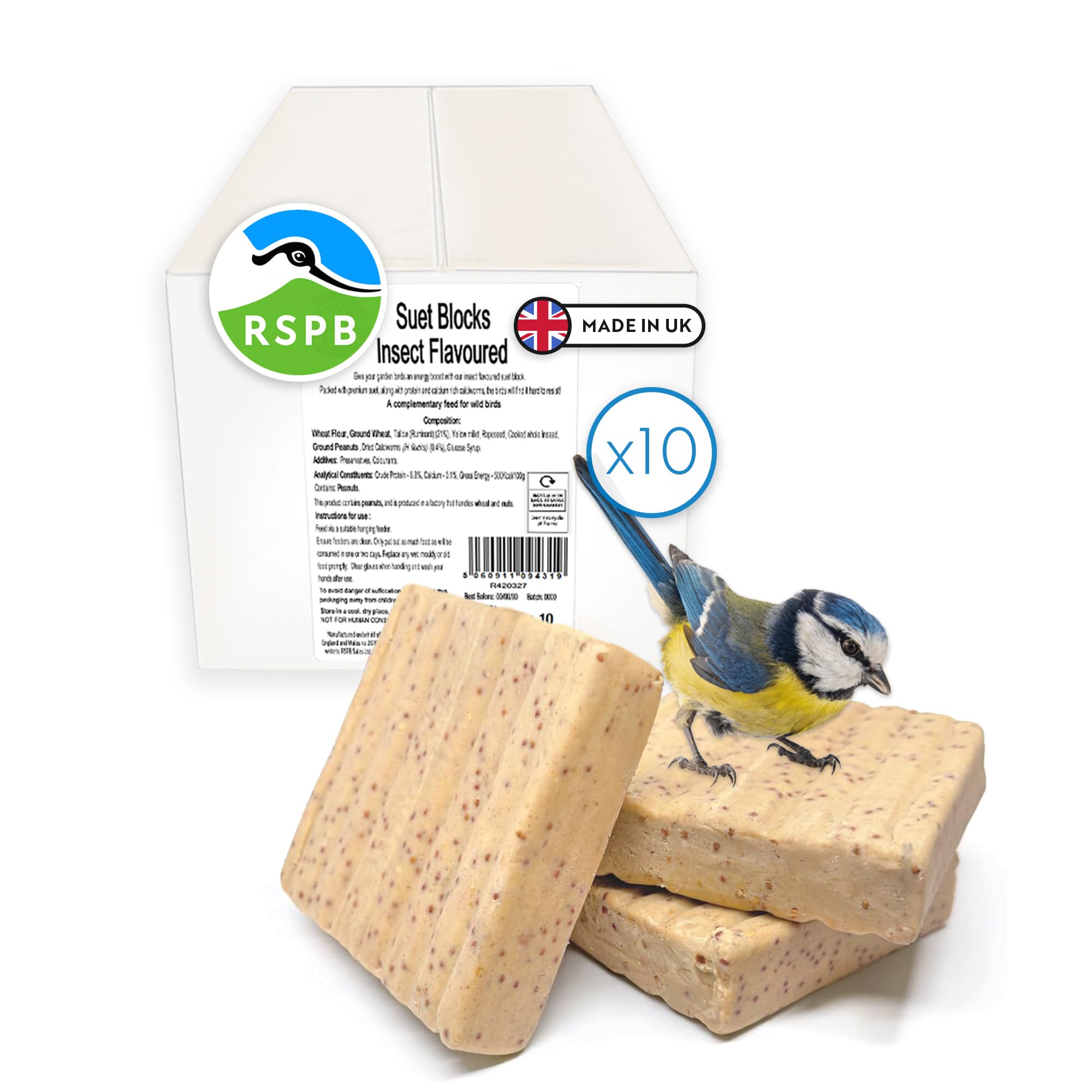 RSPB - Suet Blocks for Wild Birds, Wild Bird Food with Premium Ingredients, Made in the UK, Healthy and Nutritious, Suitable for Year-Round Feeding (Insect Flavour) (10 x 280g)