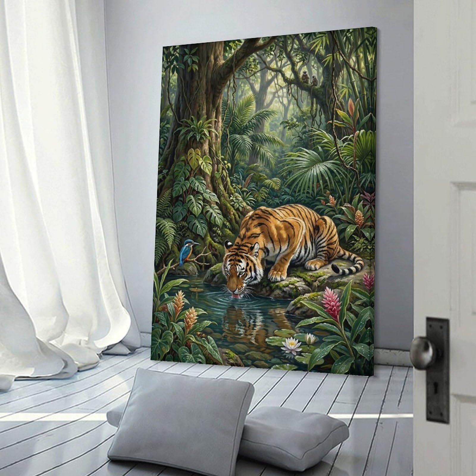 Junmoney Wall Picture Print Tiger Drinking Water in A Lush Jungle, 20x30inch(50x75cm), for Living Room, Bedroom Or Apartment Walls, A Home Accent with Warm Character