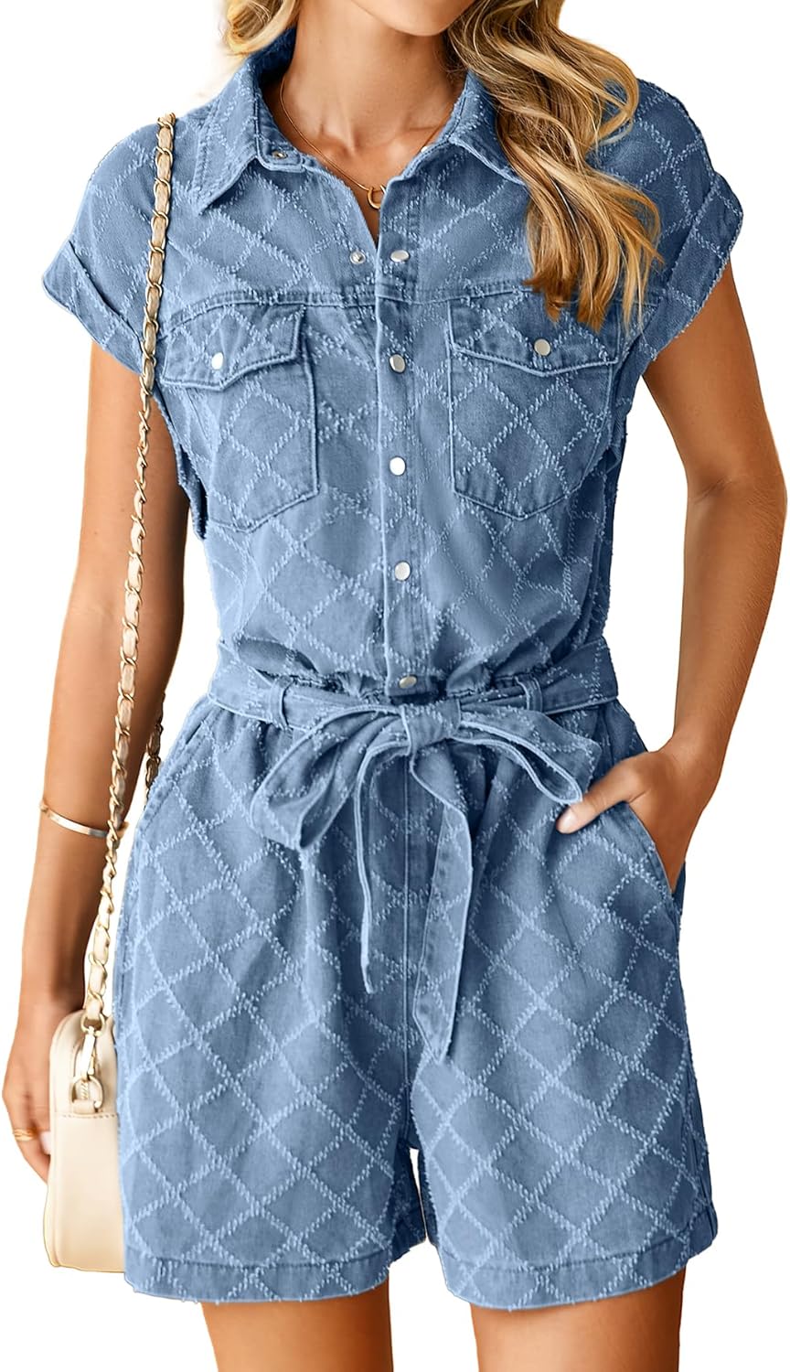 Simplee Womens 2025 Denim Romper Casual Short Sleeve Cargo Jean Romper Overall Shorts With Pockets
