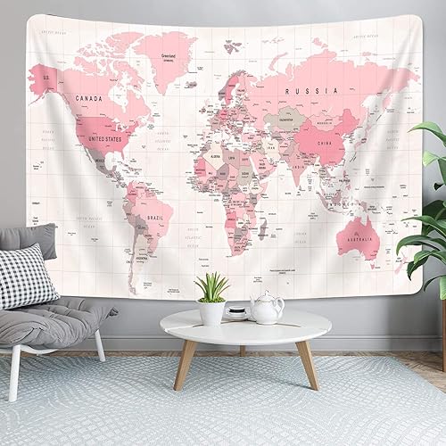 Pink World Map Tapestry, Map of World Vintage Topography Educational Tapestries Posters for College Kids Student Dorm Wall Art, Geographical Travel Map Tapestry for Girl Bedroom Nursery Decor, 40X30in - Pink - 40L" x 30W"