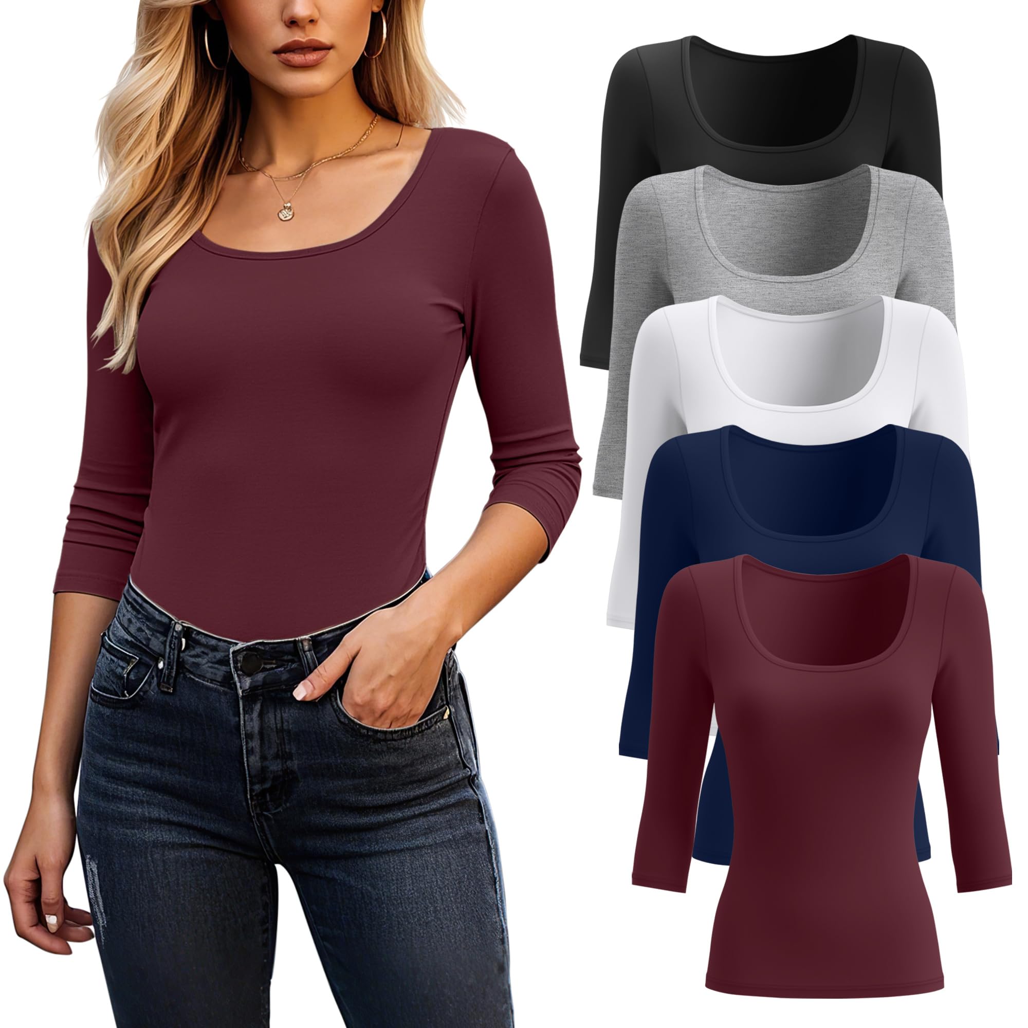 Riyiper 5 Pack Women's 3/4 Sleeve Shirts, Scoop Neck Tops Stretchy Slim Fit Basic T-Shirts Casual Athletic Tees