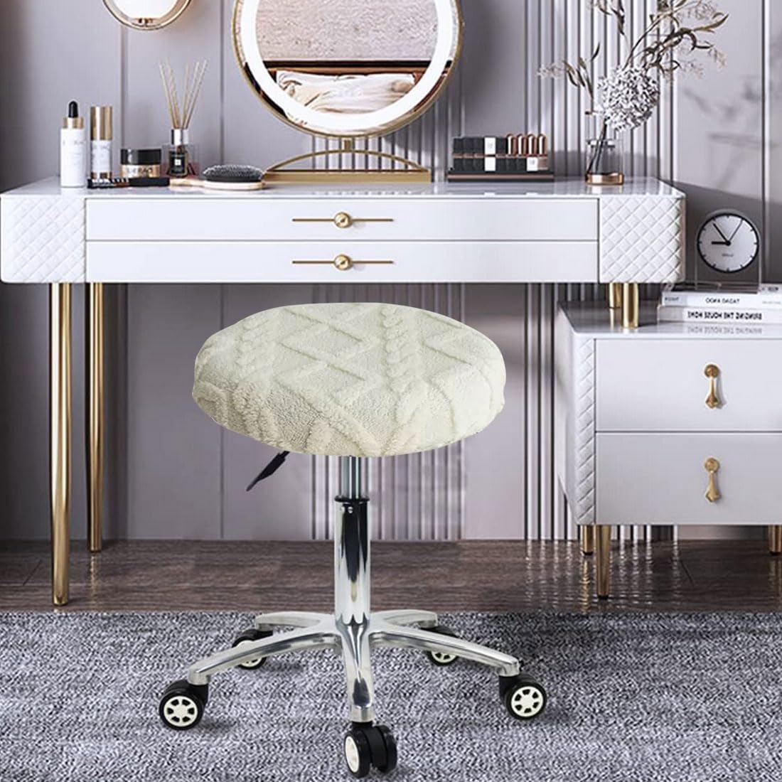 Lot 2 Housses Tabouret Rond Velours Extensibles 30-36 Cm – Beige – Bar, Cuisine, Salle à Manger
