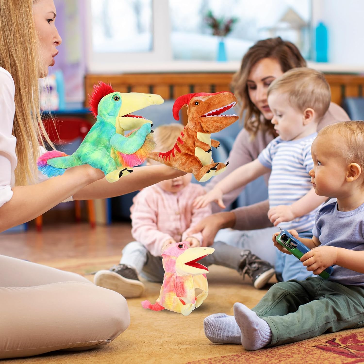 Wettarn 6 Pieces Dinosaur Hand Puppets Plush Stuffed Animals Soft Toys Interactive for Boys and Girls Storytelling Role Playing Stage Performance