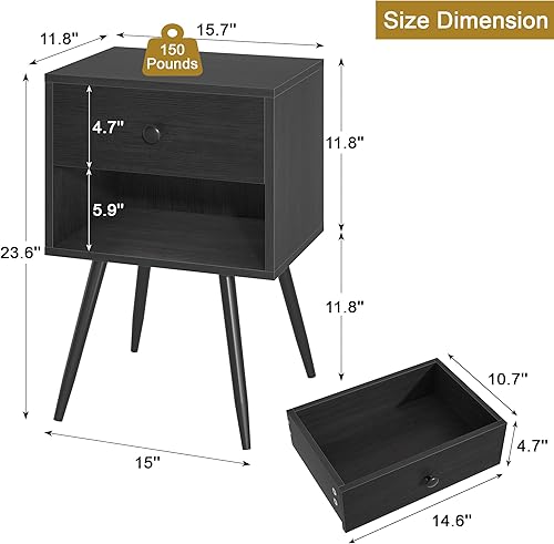 Miniatura 2 de VECELO Juego de 2 mesitas de noche, mesa de noche moderna de mediados de siglo, mesita de noche con cajón de almacenamiento y estante abierto de 2