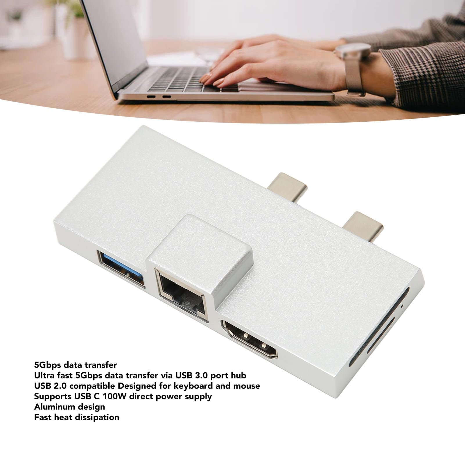 Docking station USB C Doppio hub di espansione USB C Professionale sette porte Plug and Play Adattatore per trasferimento dati ad alta velocità Lega di alluminio per esterni Pro 8