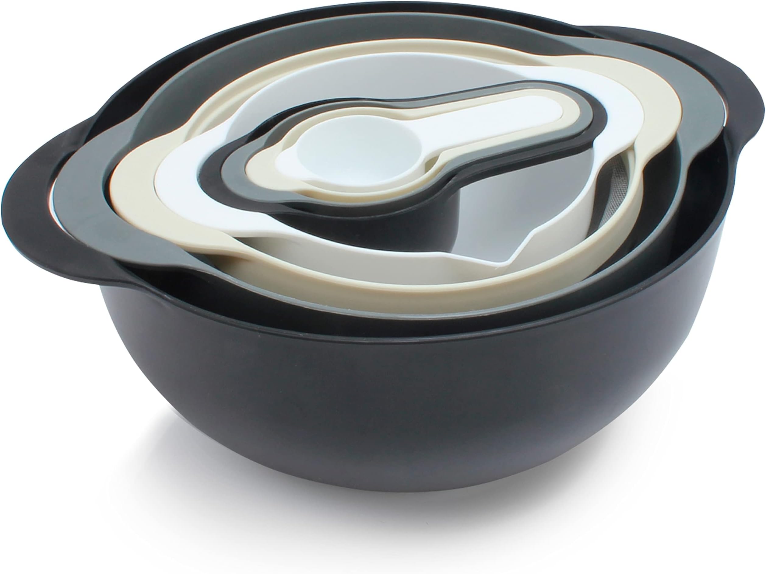COOK WITH COLOR 8 Piece Nesting Bowls with Measuring Cups Colander and Sifter Set - 2 Mixing Bowls, 1 Colander, 1 Sifter and 4 Measuring Cups, Black