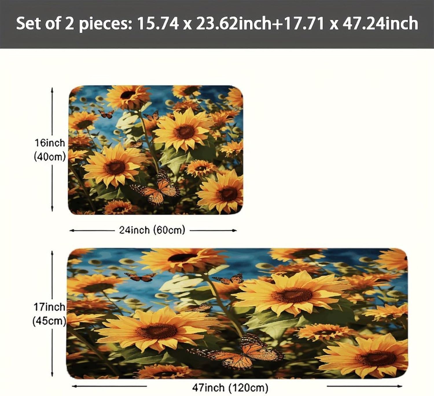 Sunflowers and Butterflies Kitchen Mat Washable Non Slip Rugs Soft Kitchen Mats for Floor Set of 2 PCS Cushioned Absorbent Runner Standing Rugs for Home Sink Laundry Office