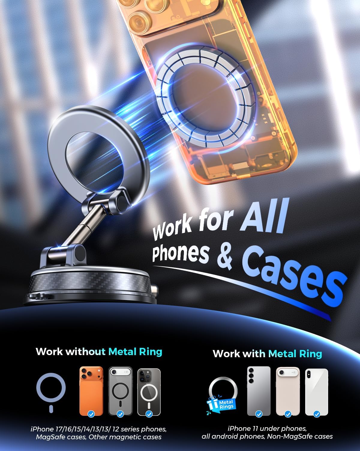 2026 Upgraded Vacuum Magnetic Car Phone Holder, 85LBS Strongest Suction & 2600gf Magnetic for Magsafe Car Mount, 360° Adjustable Foldable Cell Phone Holders for Your Car for iPhone 17 16 15-Silver