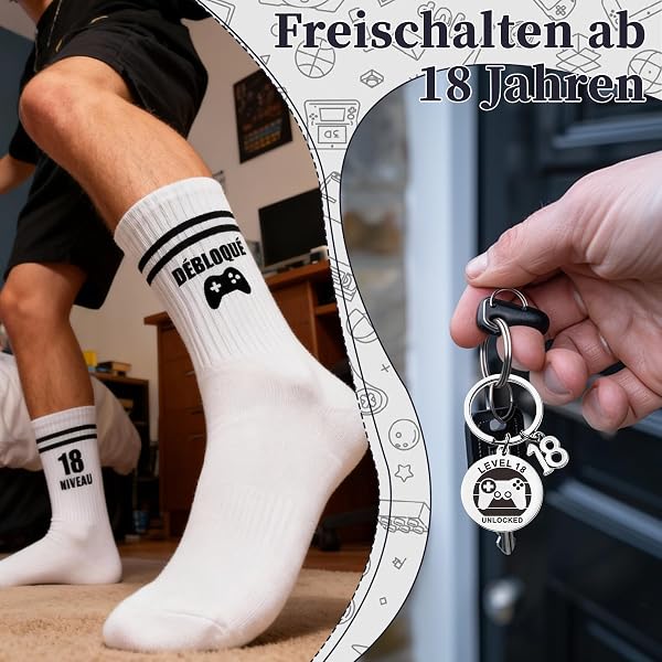 Cadeau 18 Ans Garçon Chaussettes Niveau 18 Débloqué avec Porte-Clés Level 18 Unlocked Idée Cadeau 18 Ans Anniversaire Garçon Gamer Humour Original pour Fêter les 18 Ans - 5