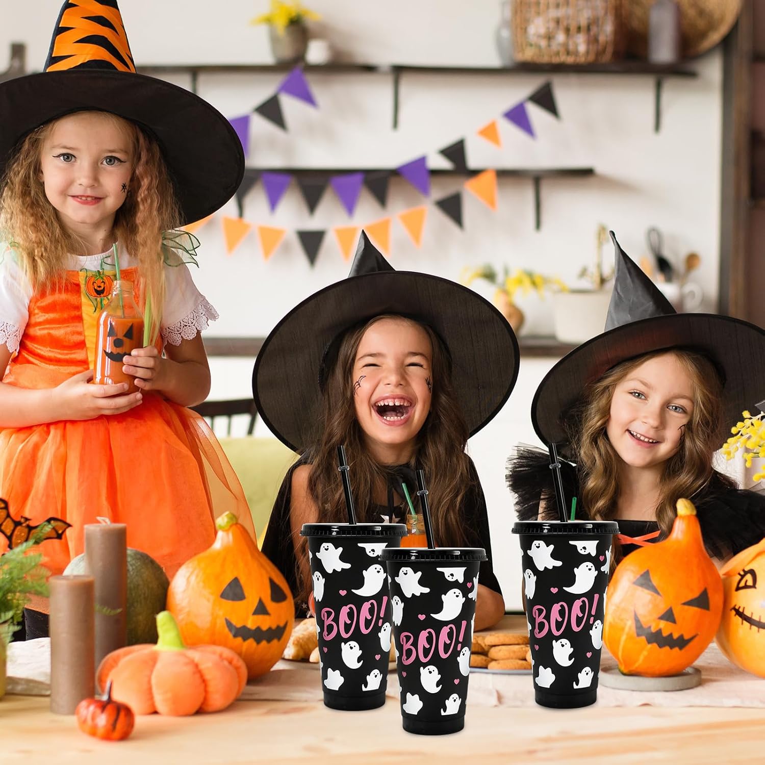 JarThenaAMCS 12Pcs Halloween Plastic Cups with Straw and Lid Cute Ghost Tumbler 24oz Boo Plastic Cups for Cold Drinks Halloween Decoration Party Favors - Image 6