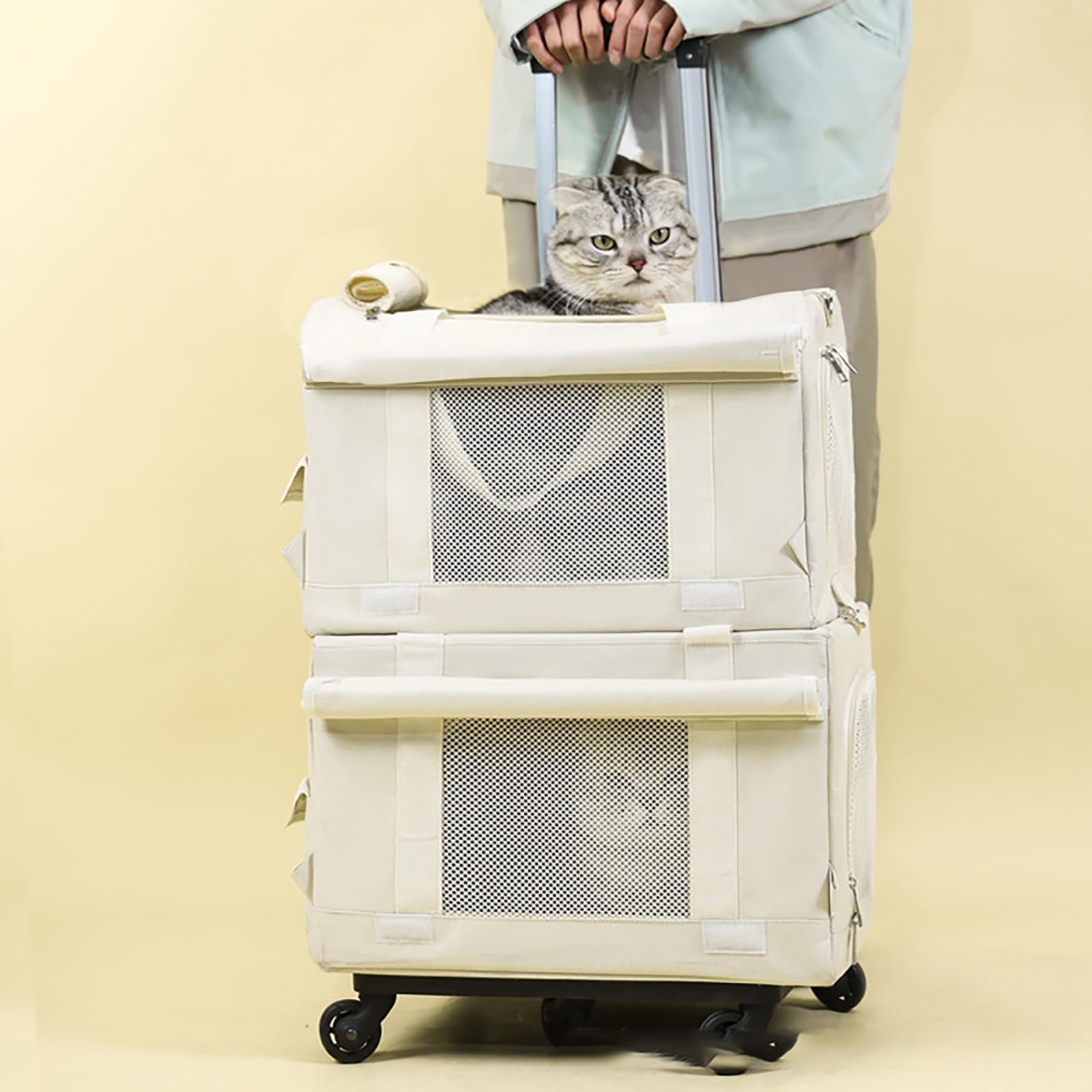 Sac De Transport à roulettes Double Couche pour Animaux De Compagnie avec FenêTres en Filet Et Tapis Amovible pour Deux Chats, Adapté Aux Avions, Au Camping Et à L'ExtéRieur, Blanc (Double Layer)