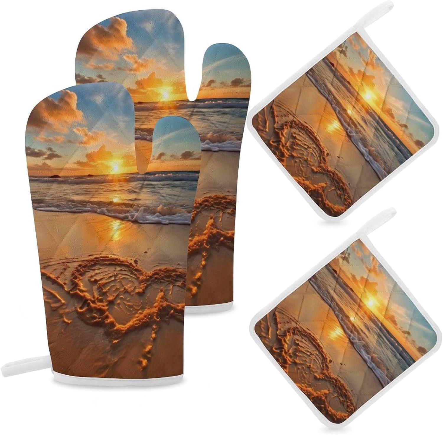 Beach Love Sunset 4 Pcs Oven Mitts and Pot Holders Set High Heat Resistant Long Kitchen Oven Glove Potholders