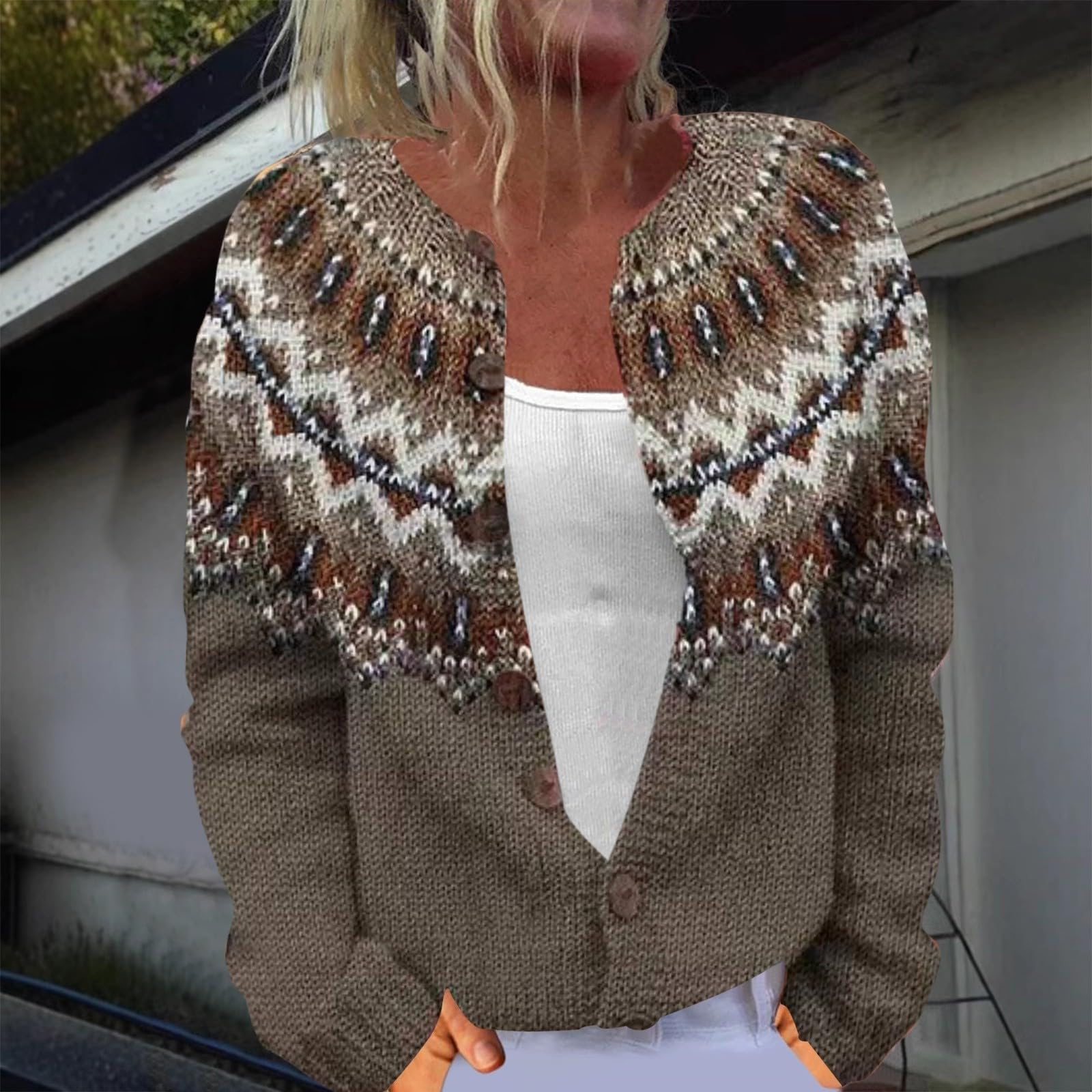 Strickjacke Damen mit Blumen und Jacquardmuster langärmelig vorne offen weich bequem modisch vielseitige Oberbekleidung Cardigan Strickpullover Übergangsjacke