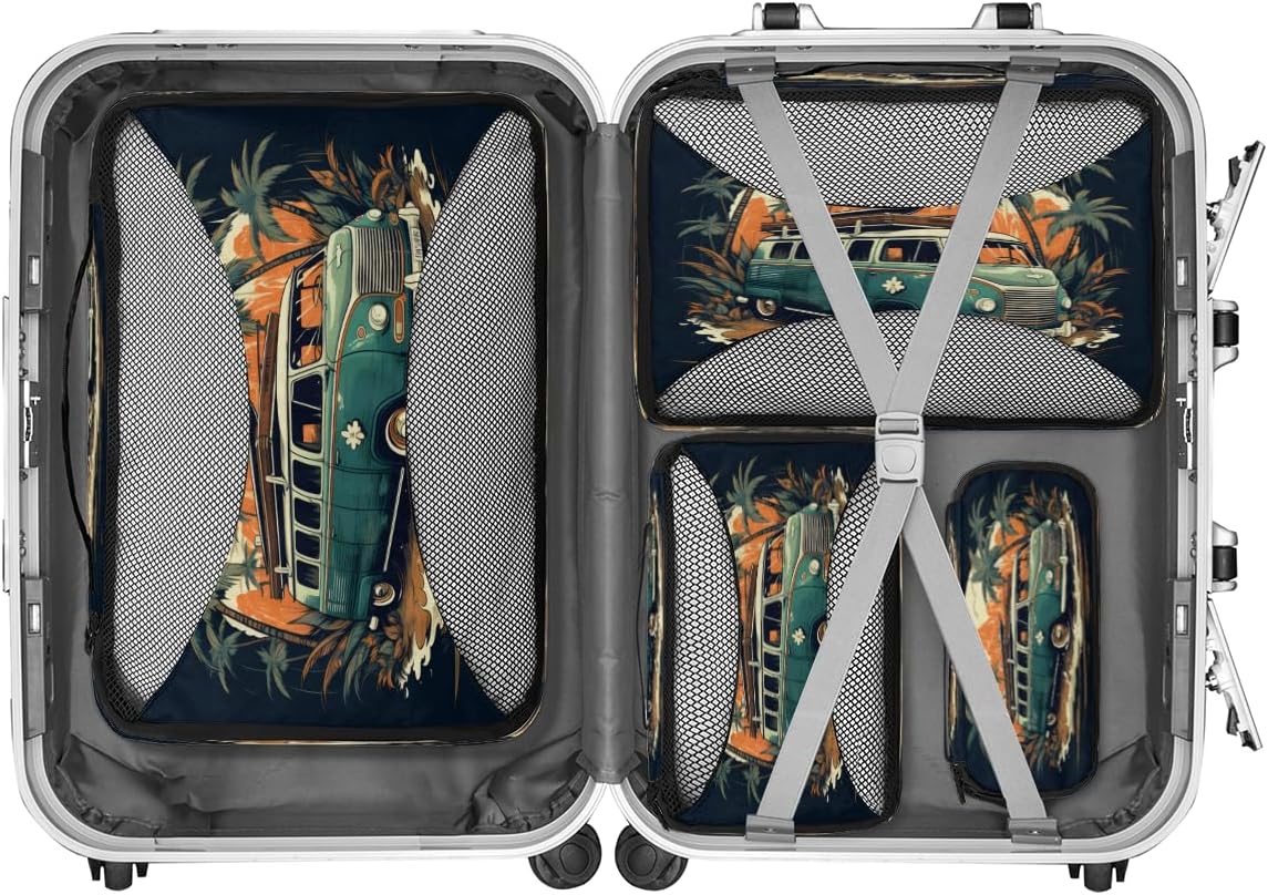 Palm Trees Bus Pattern 4 Set Packing Cubes Packing Cubes for Women Lightweight Travel Essential Bag Clothes Carry on Suitcase Bags for Accessories Essentials