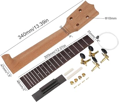 Concert Ukulele Neck Kit, Rosewood Fingerboard String Knobs Bridge, 23 Inch Ukulele Neck Set, for Practice Performance DIY Projects Musicians Beginners