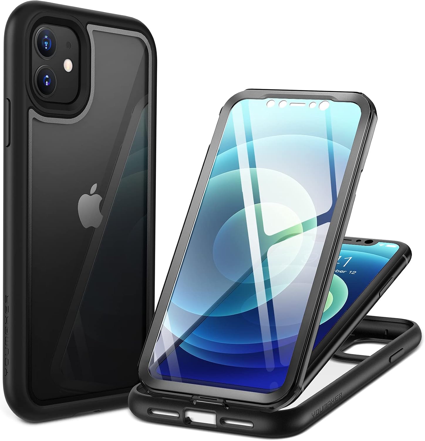 YOUMAKER Design for iPhone 11 Case, Clear Built-in Screen Protector Full Body Rugged Heavy Duty Protection Slim Fit iPhone 11 Phone Case 6.1 Inch - Black