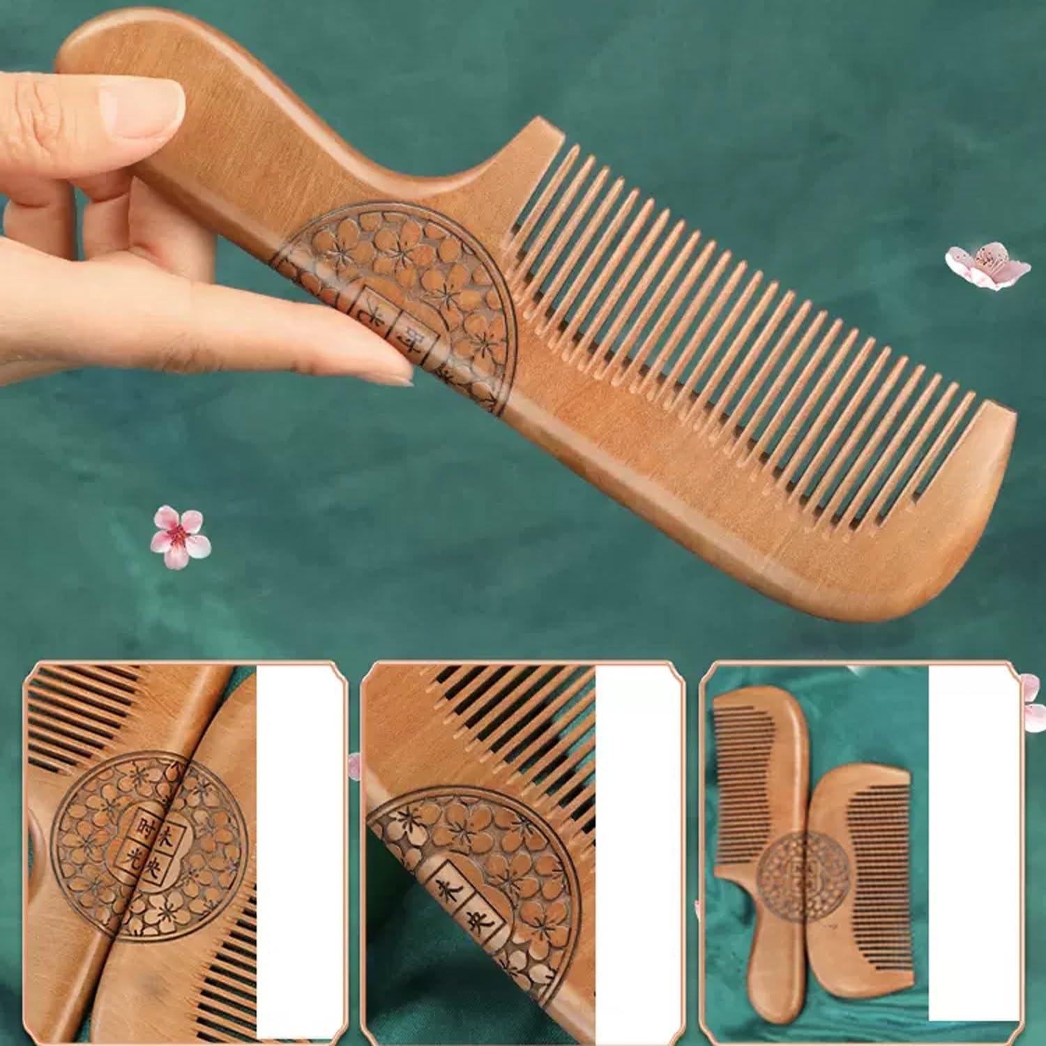 Juego de 2 peines para el Cabello, Peine de Madera de durazno antiestático, peines de Madera de Dientes Finos para desenredar el Cabello para Regalo de Mujer