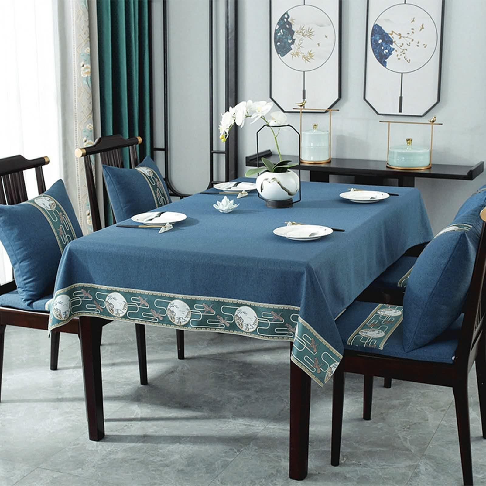 Nappe rectangulaire 140x300 cm bleu marine résistante aux rayures en polyester durable motif rétro