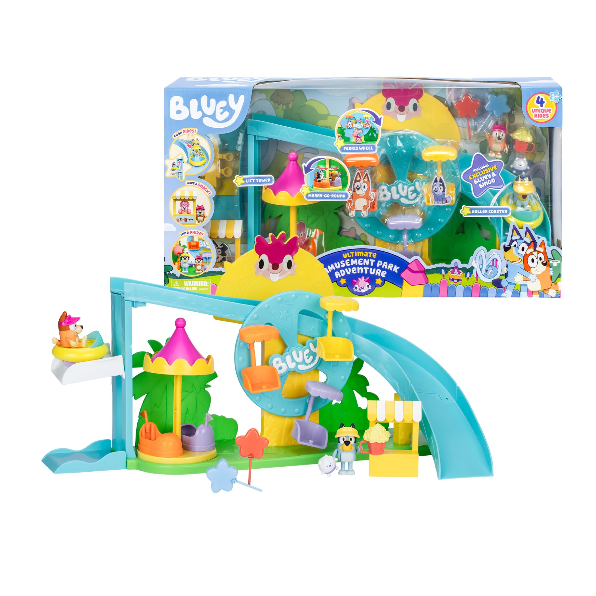 Bluey - Theme Park, Parque Temático, Parque Acuático con 2 Toboganes y Accesorios, Incluye Figurita Bingo, Puesto de Piruletas y Más, Famosa (BLY84000)