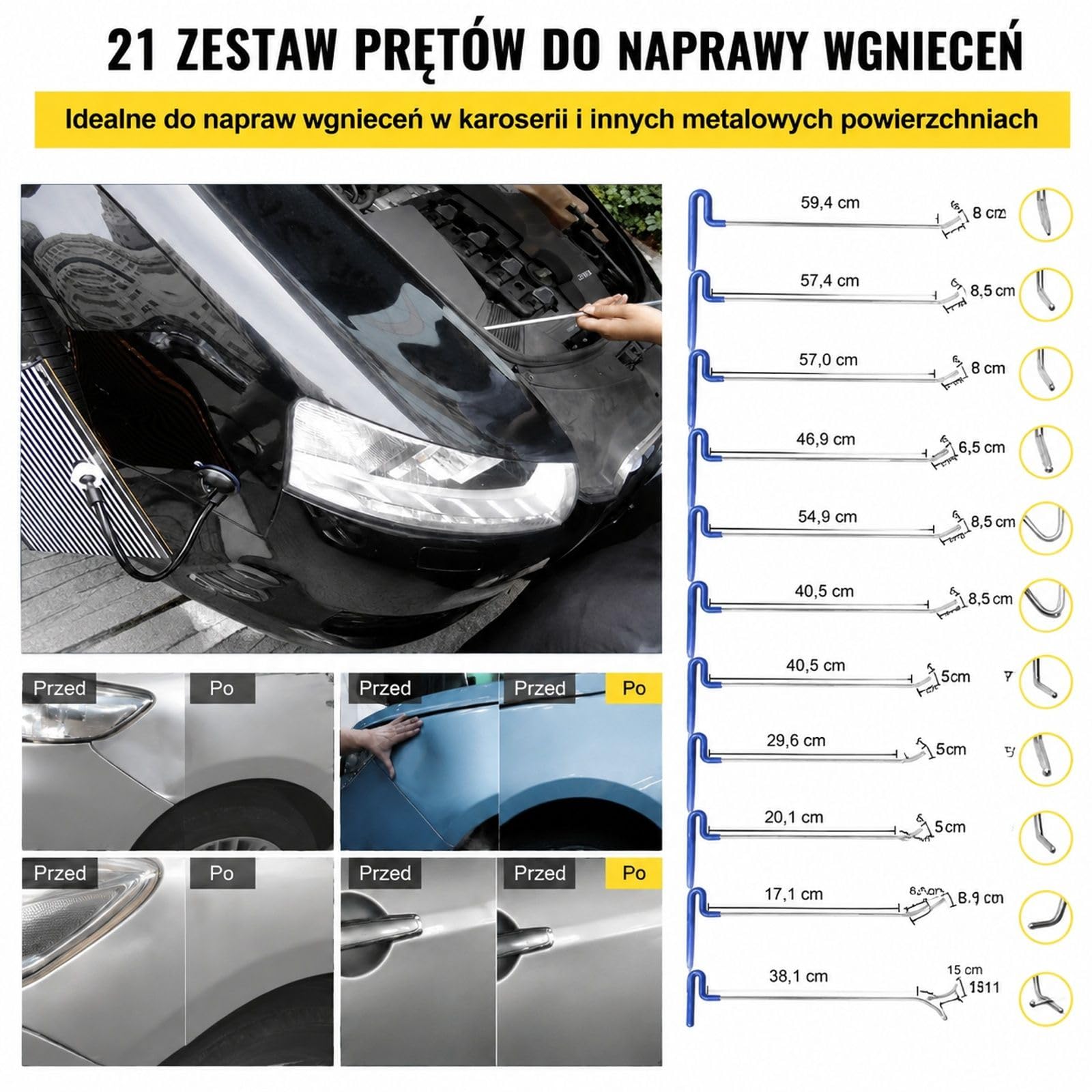 21-częściowy zestaw do usuwania wgniotów ze stali nierdzewnej, bez lakierowania, z prętami, po gradzie