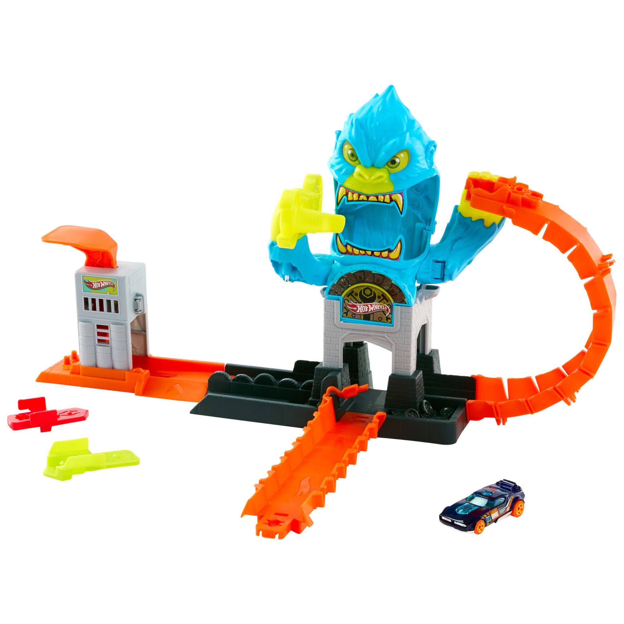 Hot Wheels Toy Car Track Set, City Gorilla Slam Attack Playset & 1:64 Scale Vehicle, Nemesis Challenge with Multiple Ways to Play, Speed Snap Track, JHL92