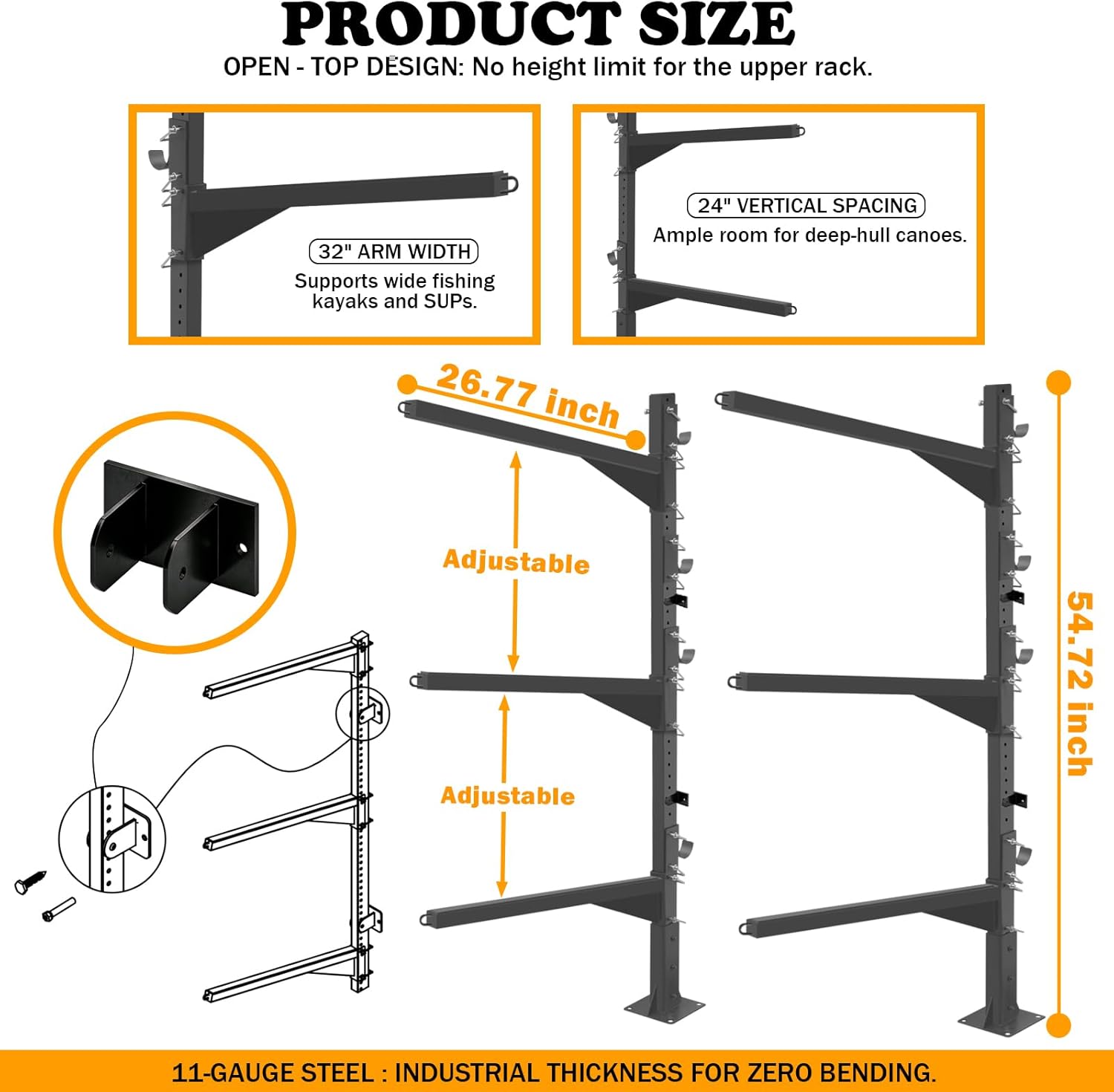 Heavy Duty Kayak Storage Rack for Dock/Garage, Adjustable Freestanding Kayak Stand or Wall Mount Kayak Rack, 3-Tier Indoor Outdoor Canoe Storage Rack for 3-4 Kayaks, SUP & Paddleboard