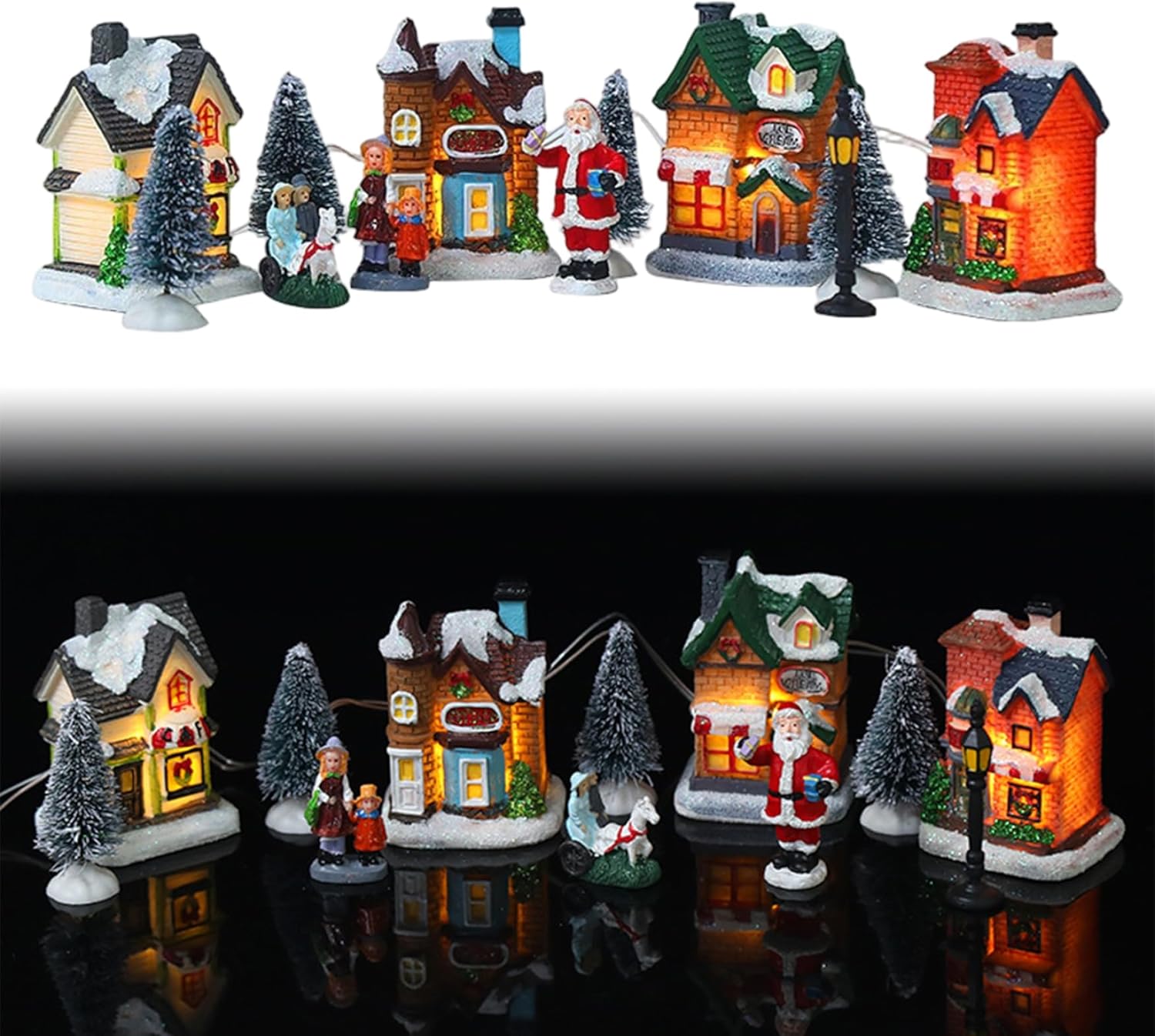 Christmas Village Sets 10Pcs/Set Light Up Miniature Winter Christmas Village Simulation Resin Decorative Xmas Town House Sets, No Battery