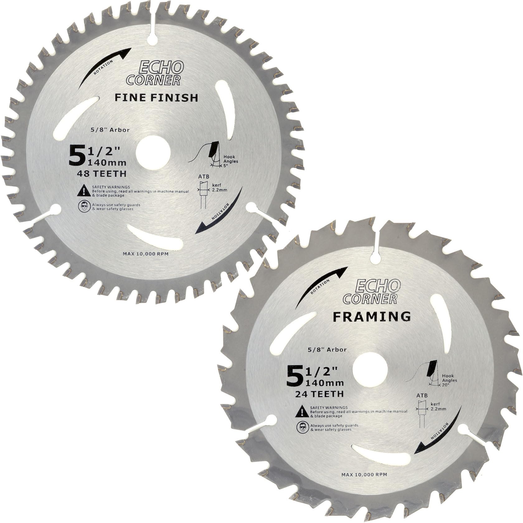 Echo Corner 5-1/2" (5/8" Arbor) Circular Saw Blades 48Tooth+24Tooth, Heavy Duty Combo Pack Carbide TCT Fine Cut Fine Finish Crosscut Framing Ripping