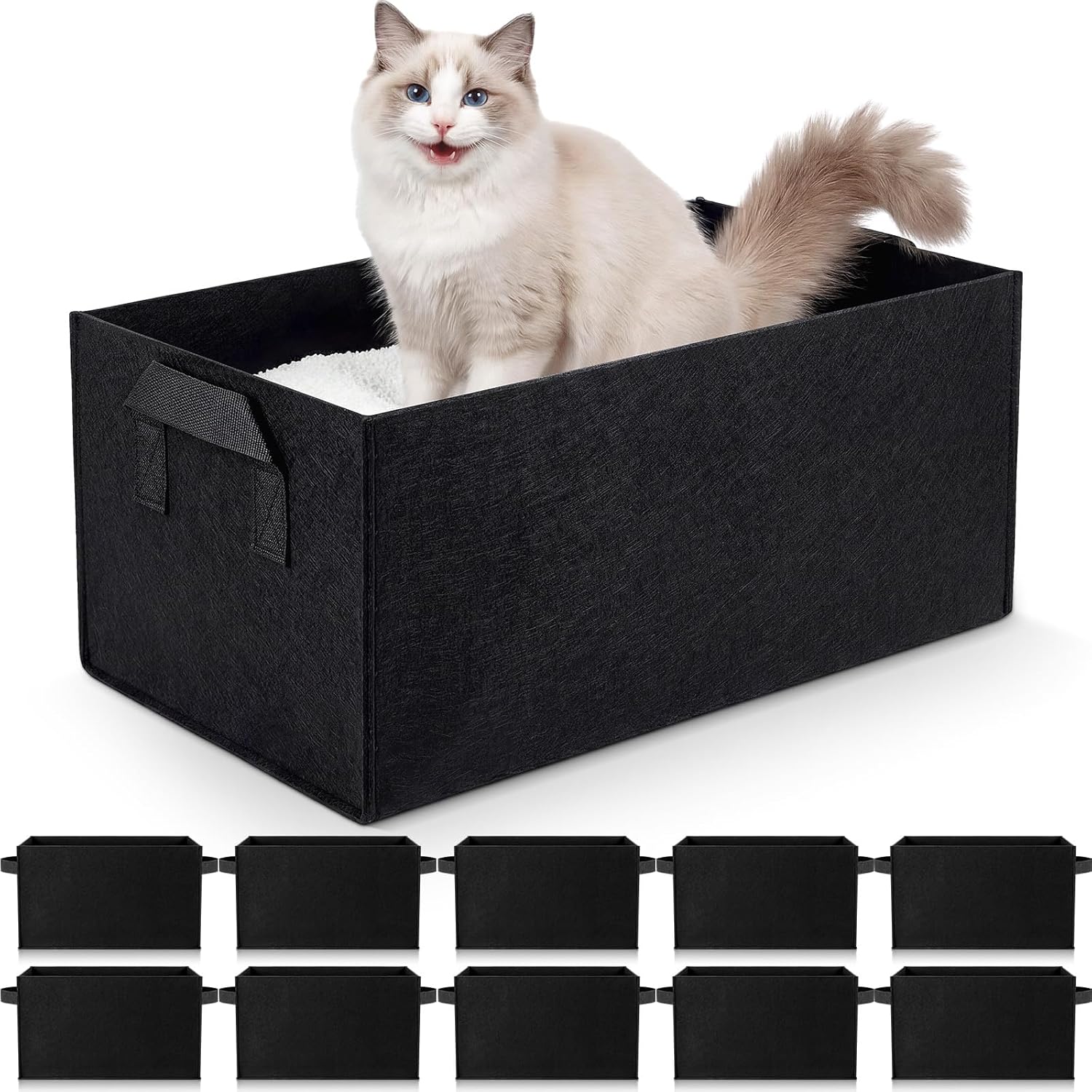 Hsei 10 Pack Disposable Cat Litter Boxes Felt Material Black Large Litter Box for Small Pets Cats Portable for Travel Home Toilet Pets Supplies, 15.7 x 11.8 x 7.9 Inches