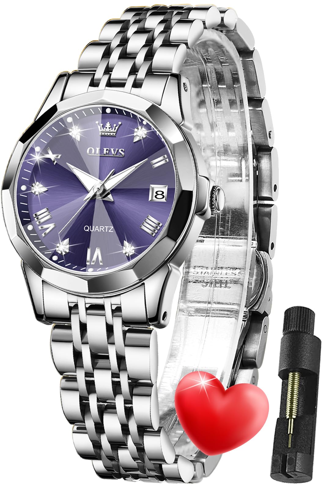 OLEVS Damen Uhr Quarzuhr mit Diamant Edelstahlarmband Wasserdicht Datumsanzeige Elegante Damenuhr für Frauen Geschenke zum Muttertag