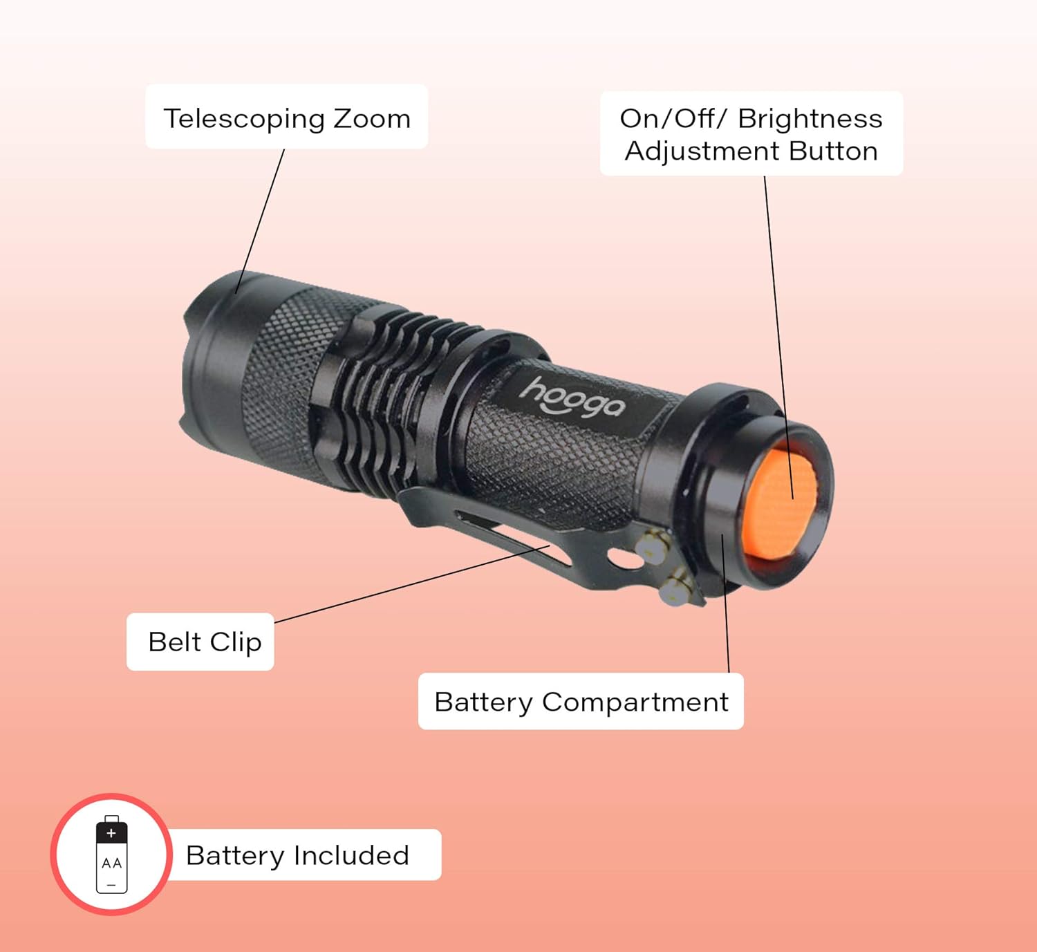hooga Amber LED Flashlight 2-Pack, 1600K Blue Light Blocking, Warm Sleep Light for Eye Care, Circadian Rhythm, Nursery, Adjustable Brightness, AA Battery Included