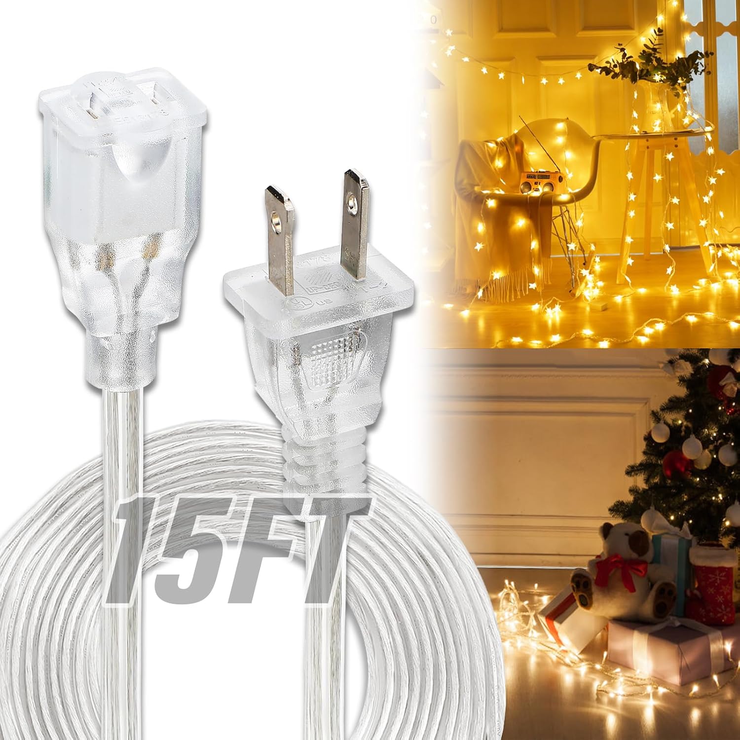 Clear Extension Cord - 15 FT Male to Female Invisible Indoor 2 Prong Power Cable, Thin Extension Cord, UL-Certified, 2 x 18 AWG 250V 6A