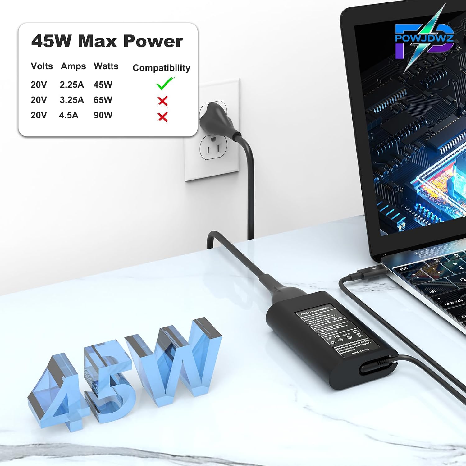 45W USB C Power Adapter Laptop Charger Compatible with Dell XPS 13 image 3