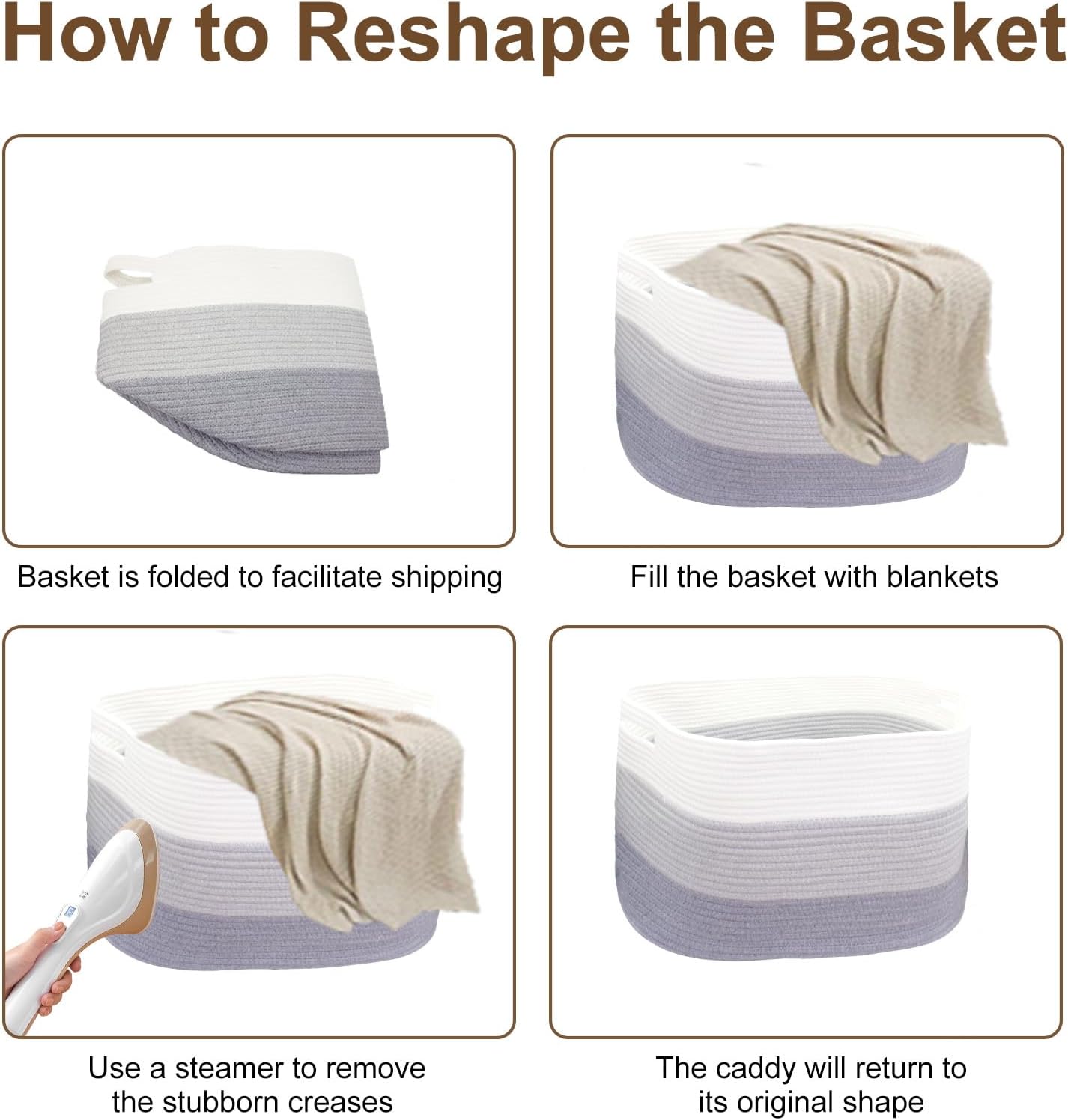 Laundry Basket with handle - 21"×17"×12" Rectangle woven Cotton Rope blanket basket,storage basket for Blankets,Baby Toys & Clothes (Fits Bathroom,Nursery, bedroom,Living Room) (Gradient Grey)