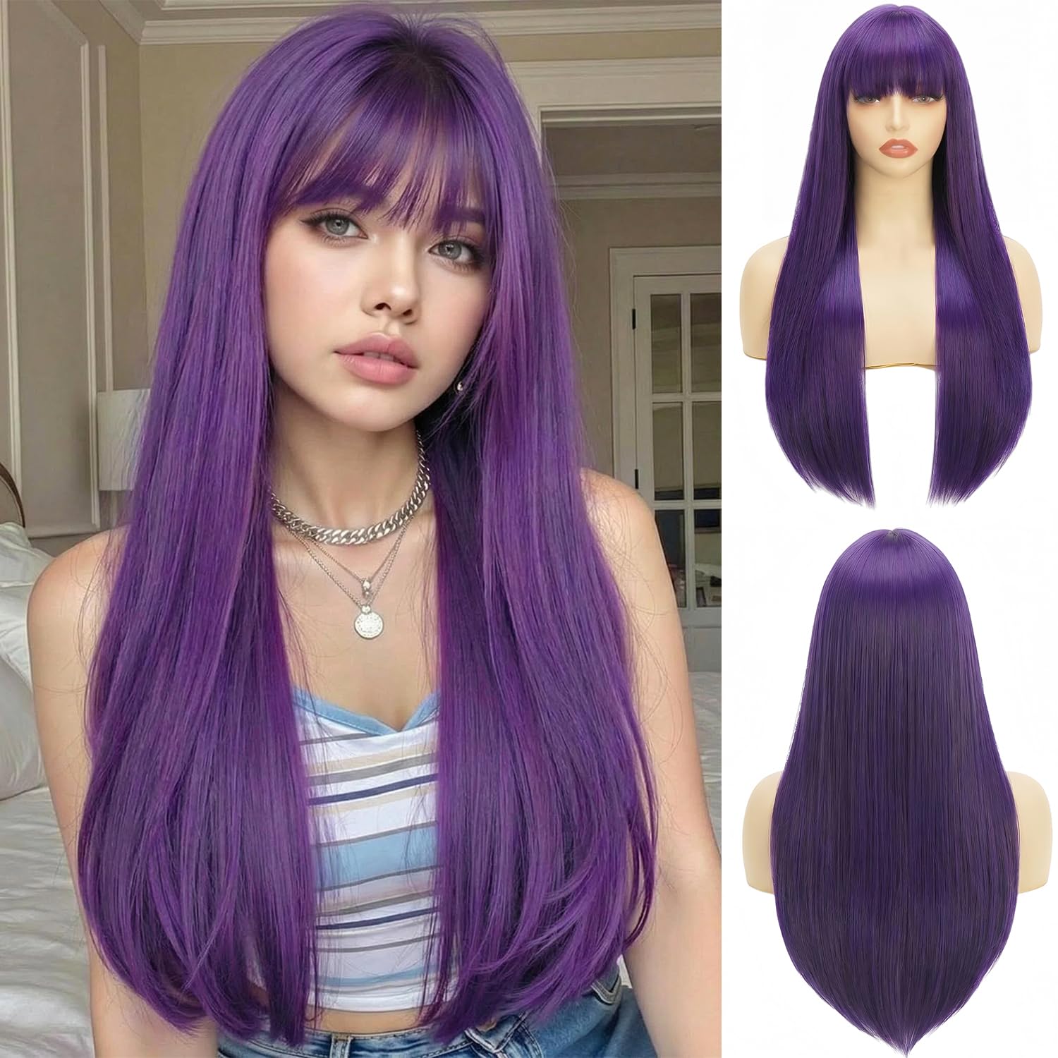 Lange Violett gerade Perücke für Frauen, synthetische gestufte Perücke, hitzebeständig, geeignet für den täglichen Gebrauch, Partys und Cosplay