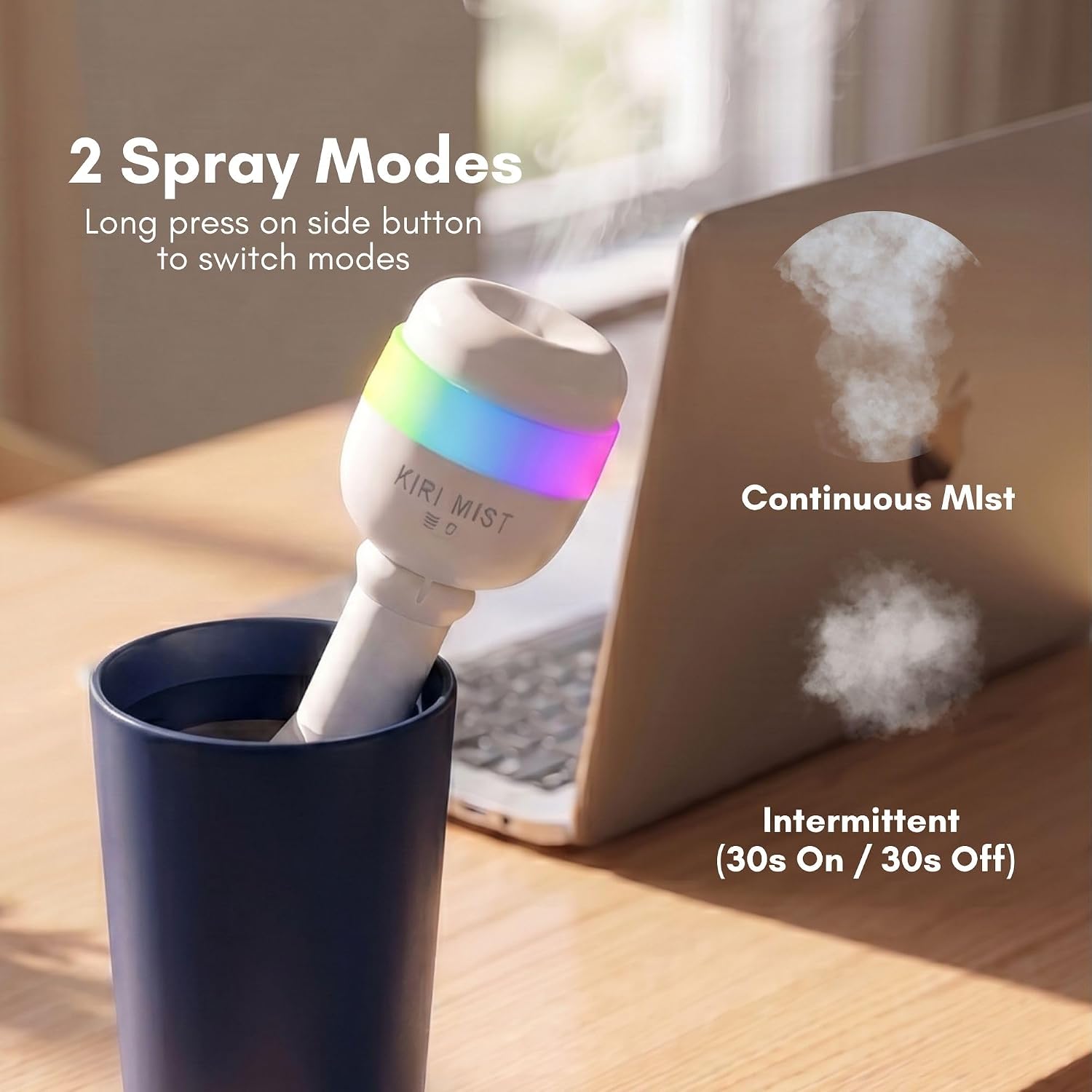 Portable Humidifier for Bedroom, Mini Humidifier fits any water bottle, USB-C Cool Mist Humidifier with 7 Color LED Night Light, Whisper quiet, 1200mAh Rechargeable for Car Office Travel