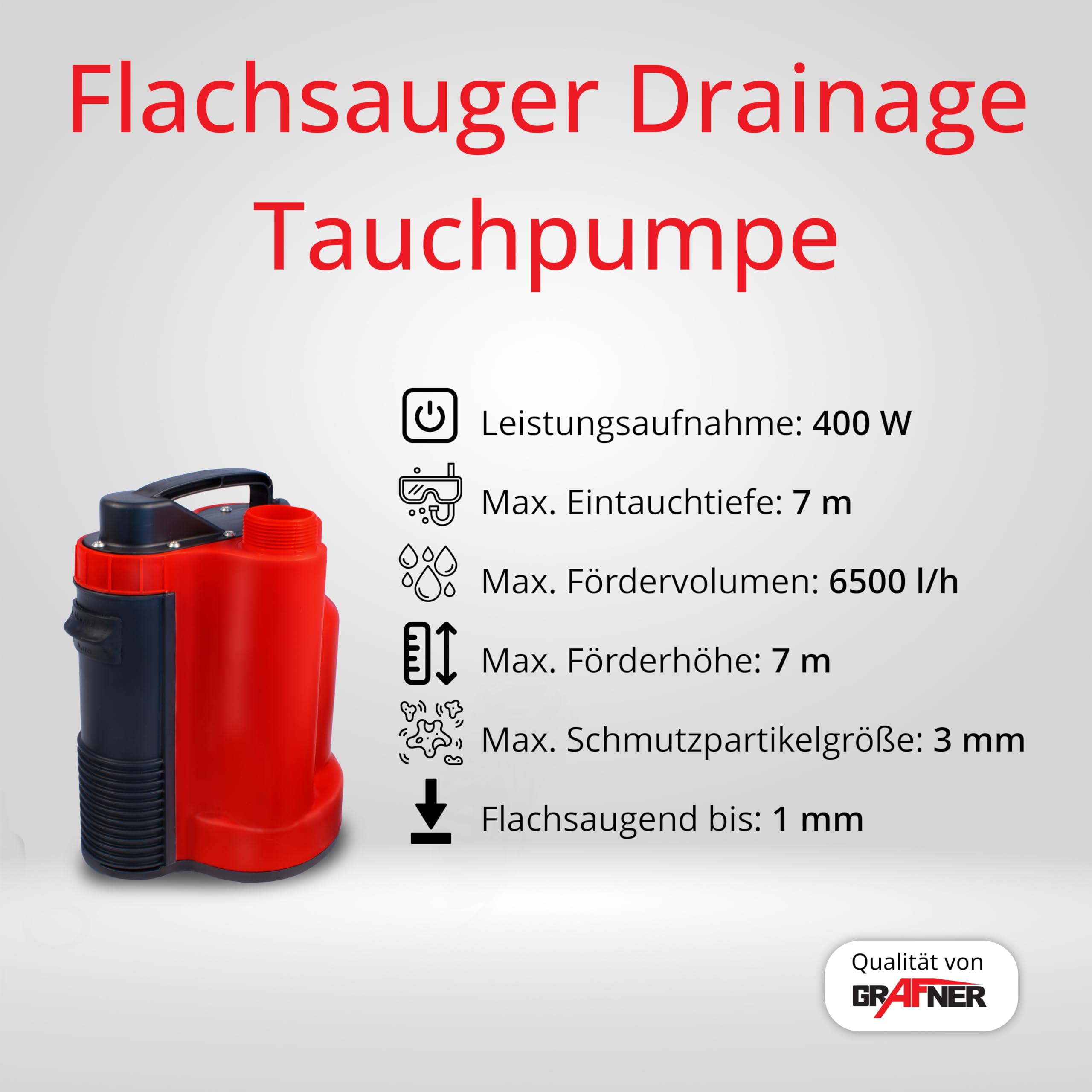 Grafner Pompe submersible de drainage plat, avec interrupteur à flotteur intégré et anti-retour, débit de 400 W à 6500 l/h, aspiration à plat de 1 mm, corps étranger de 3 mm, pompe pour eaux usées