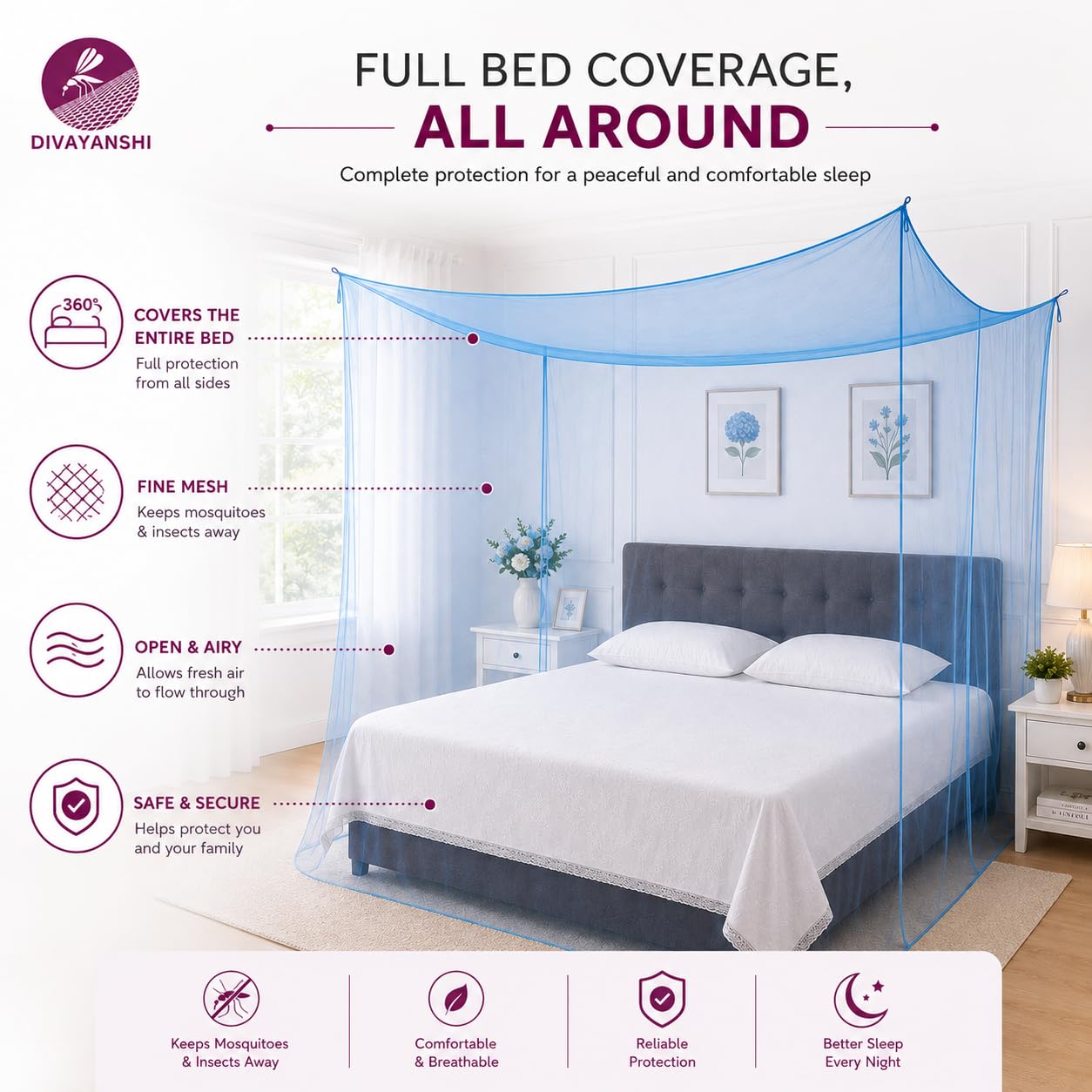 Divayanshi Mosquito Net - King Size, Portable & Breathable -3