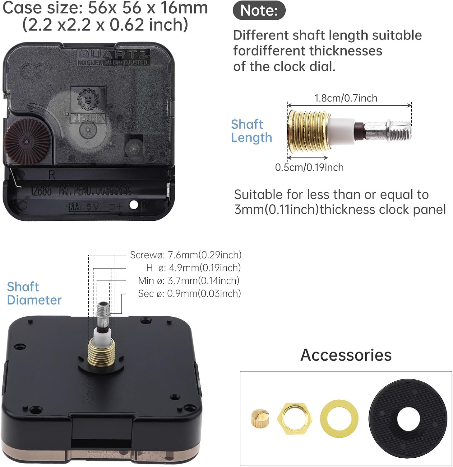 High Torque Long Shaft Clock Movement Mechanism with 12 Inch Hands Pointer,19mm (3/4 Inch) Total Shaft Length, 5mm (3/16 Inch) Thread Length for Clock DIY/Repair