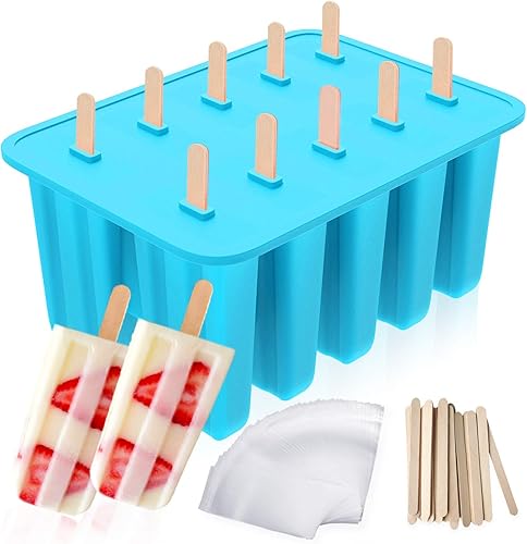 Vista 7 de Ozera Moldes para paletas de 10 cavidades, moldes de silicona para paletas, moldes de paletas caseras, moldes para paletas de hielo con 50 palitos