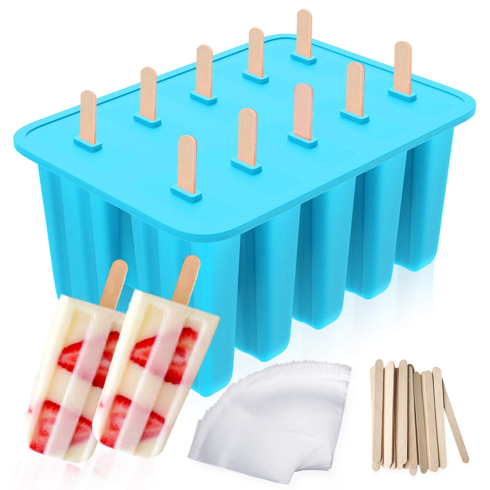 Ozera 10-Cavity Reusable Silicone Popsicle Molds, Easy Release Popsicle Maker Molds, Ice Pop Molds with 50 Sticks & 50 Bags