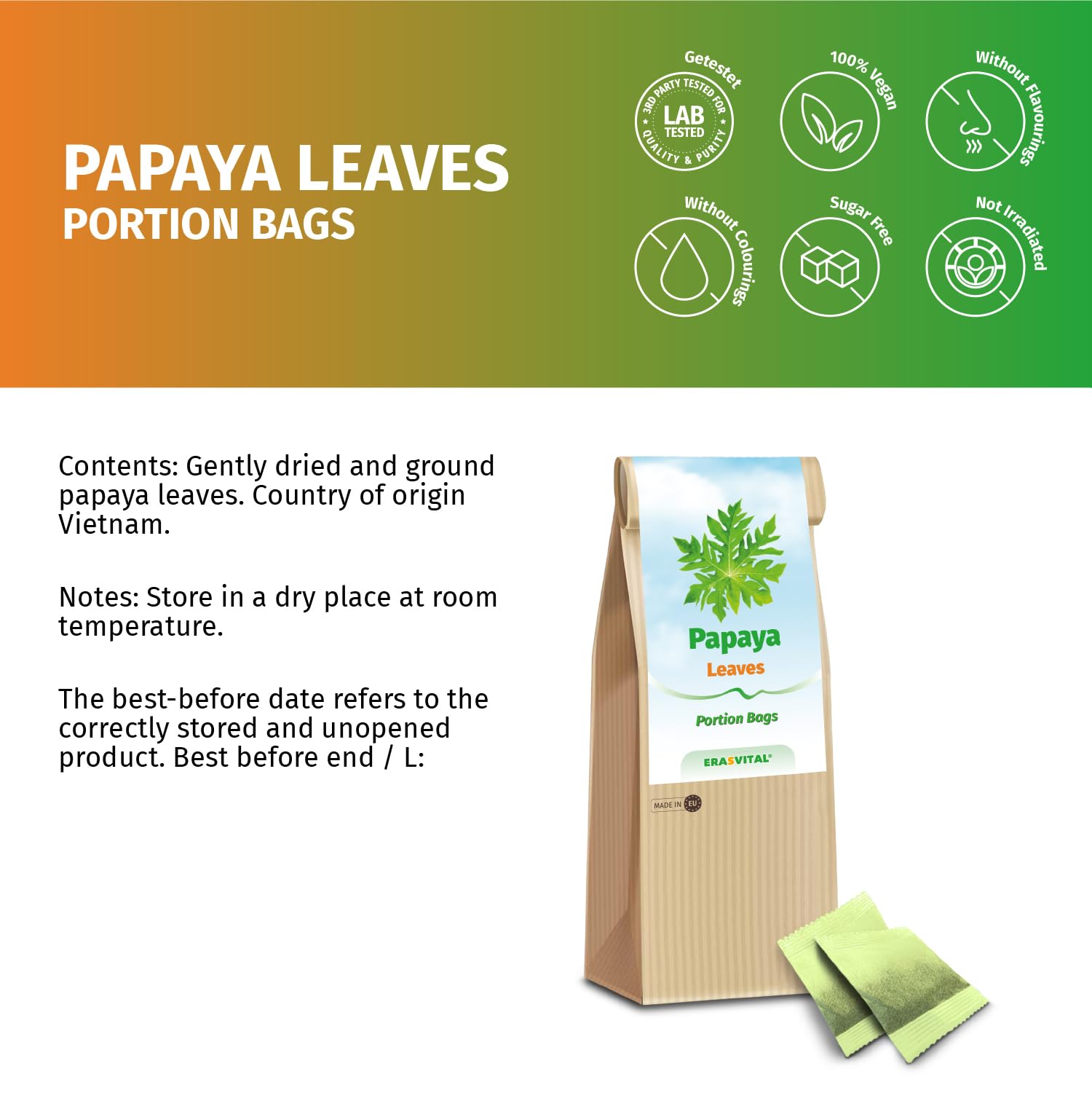Papaya-Blätter und Papaya-Stängel gemahlen und portioniert im Filterbeutel ohne weitere Zusatzstoffe in Portionsbeutel (120 stück (1er Pack))