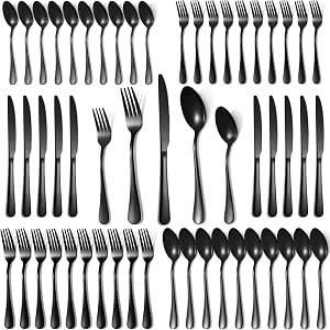Flatware Set, 50-Piece Cutlery Set, Silverware Set for 10, Stainless Steel Utensils Set Include Fork Spoon Knife, Mirror Polished, Dishwasher Safe(Black)