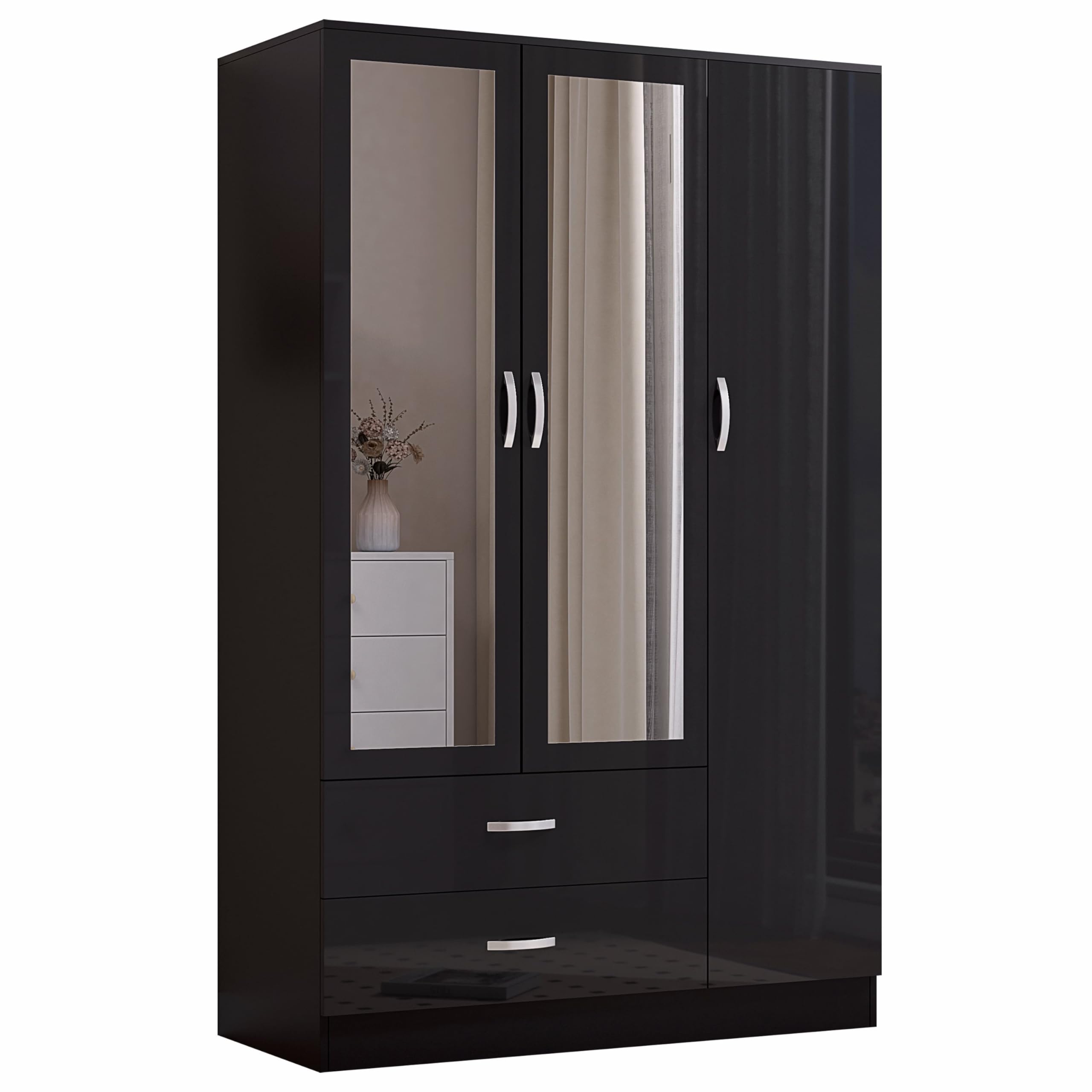 Nera 3 Door Wardrobe with Mirror Shelves and Hanging Rail Tall Wardrobes for Bedrooms Storage (Gloss Black (Matt Black))