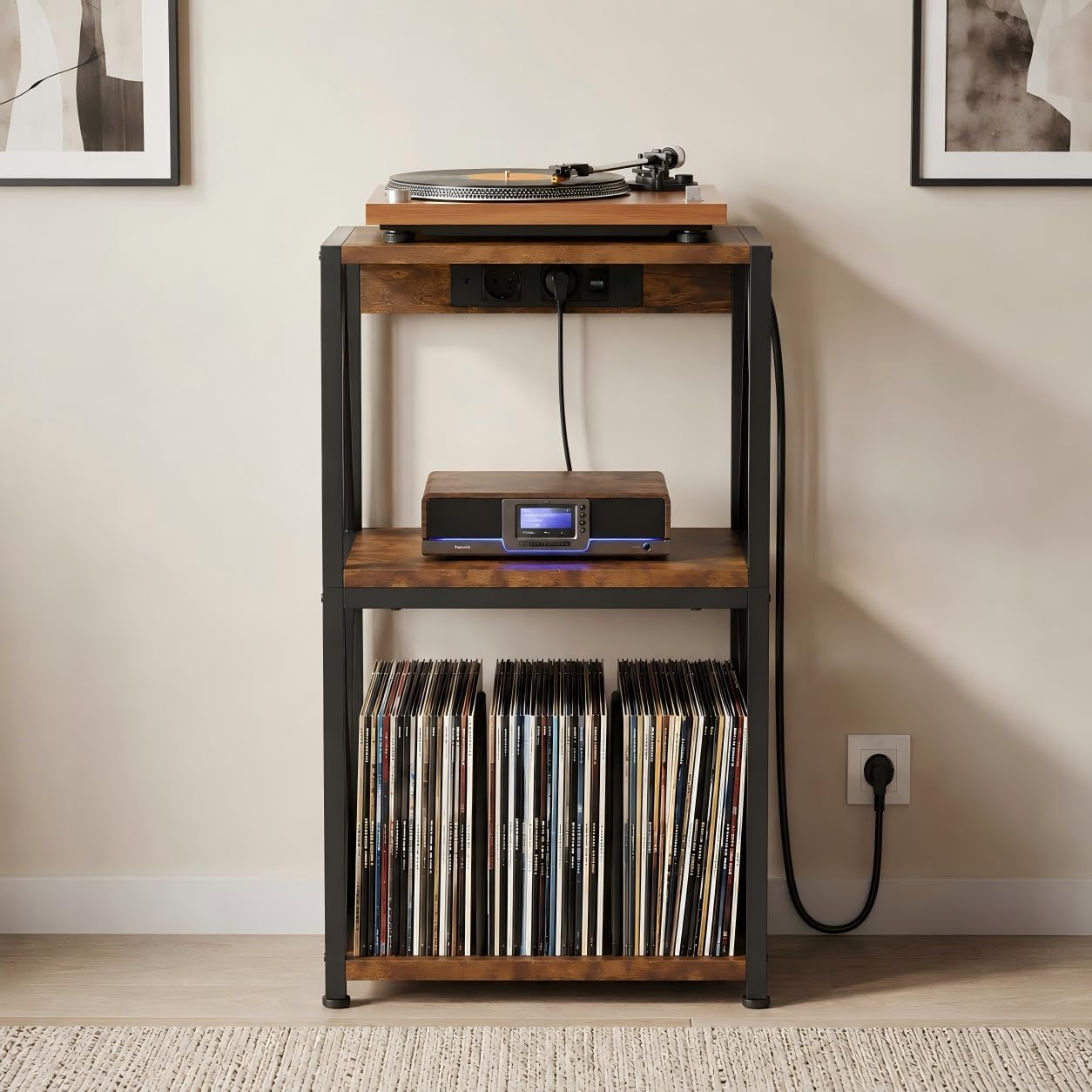 Estantería giratoria de versión mejorada con tablero de mesa más ancho de 50 x 40 cm, estante de 3 pisos, almacenamiento para 100 discos de vinilo, mesa auxiliar para salón o dormitorio